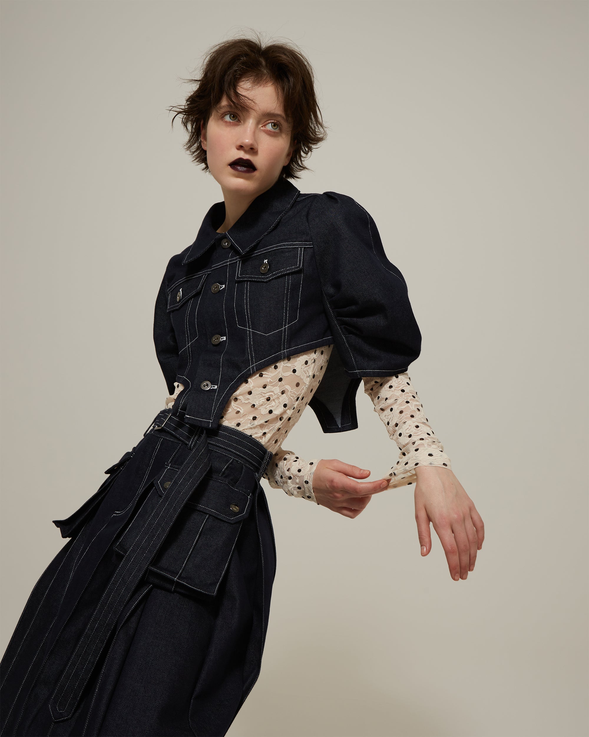 Pleated long denim skirt