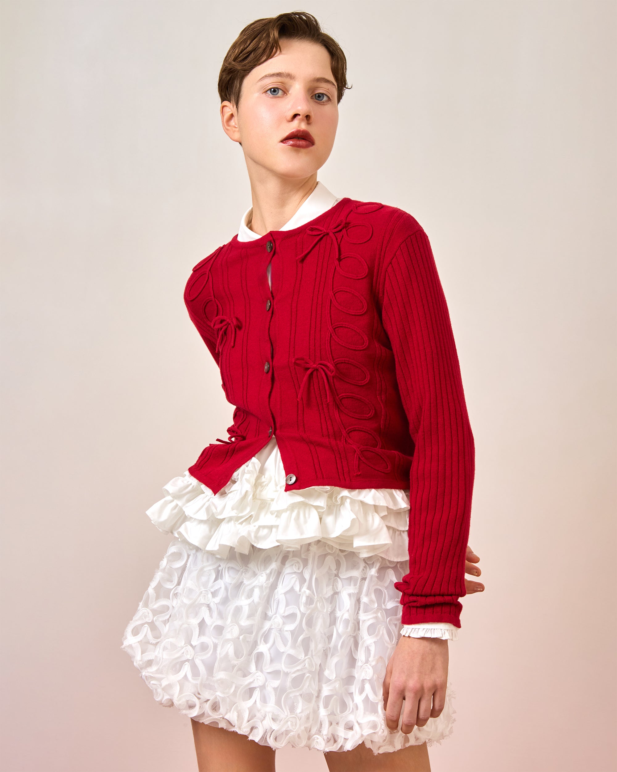 トップス POPPY LACE RUFFLE CARDIGAN Kurukuru ribbon rib knit cardigan