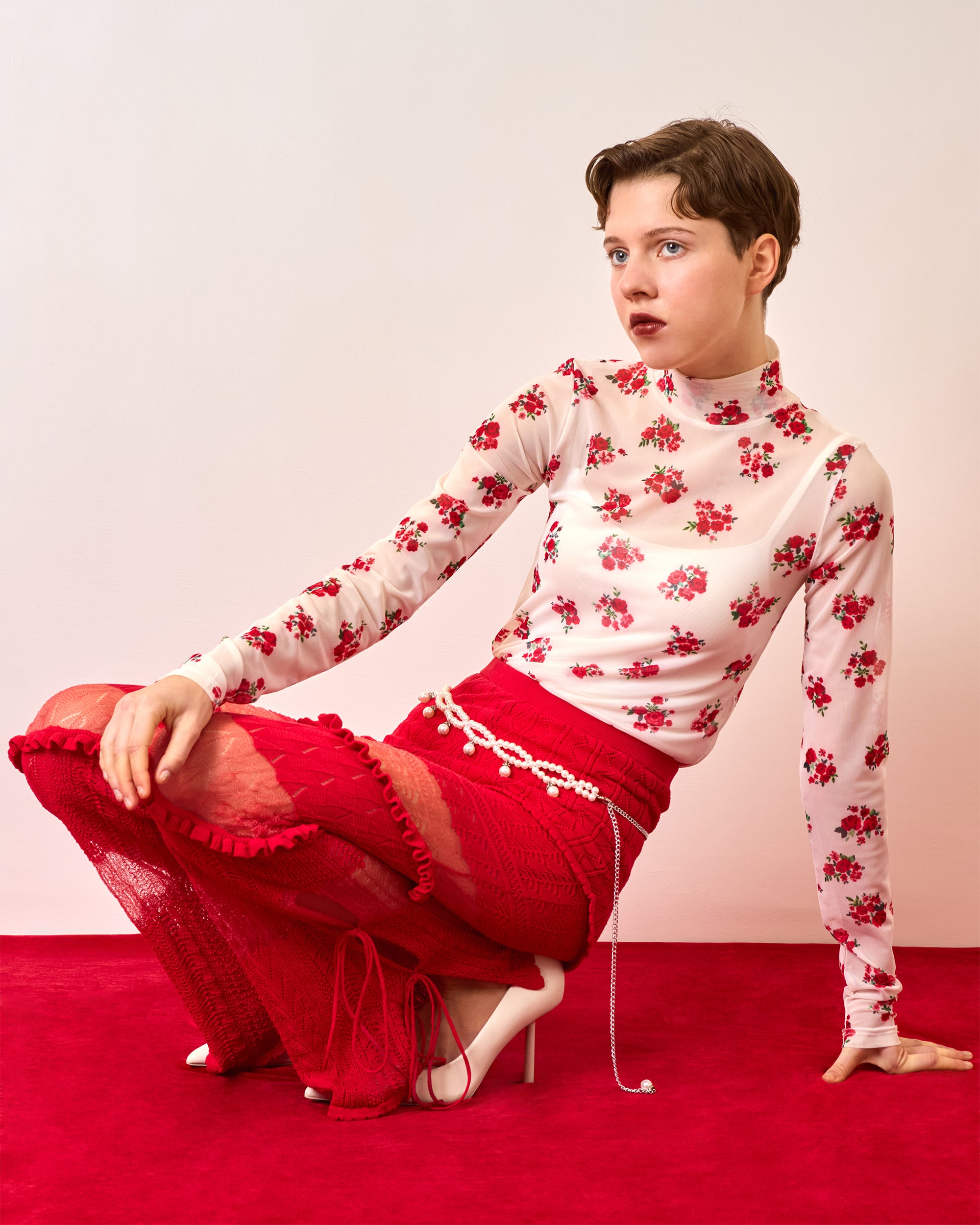 トップス ahaaha Red bouquet see-through tops (High / Round neck)