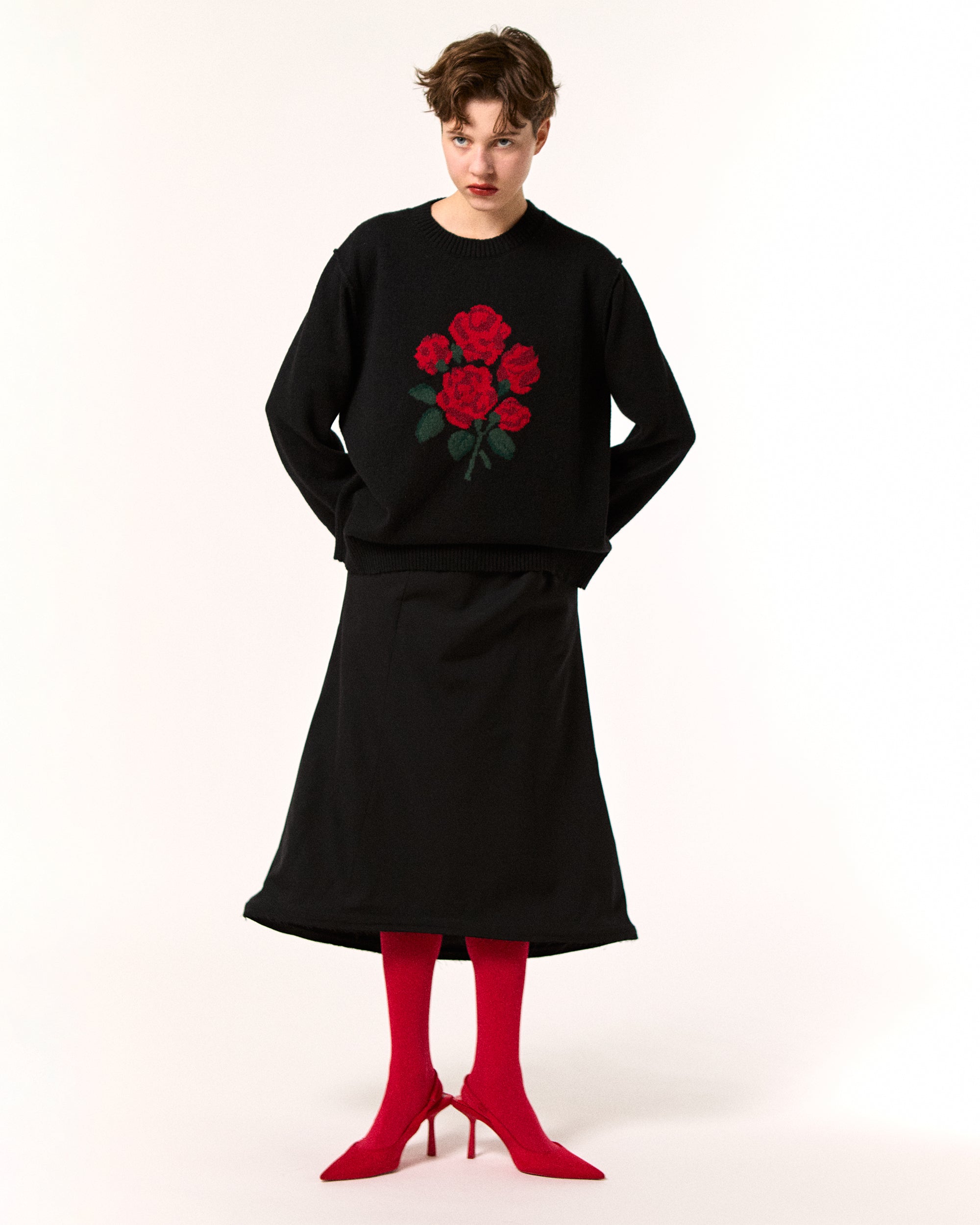 トップス POPPY RED BOUQUET INTARSIA KNIT (BLACK) Red bouquet intarsia knit (black)