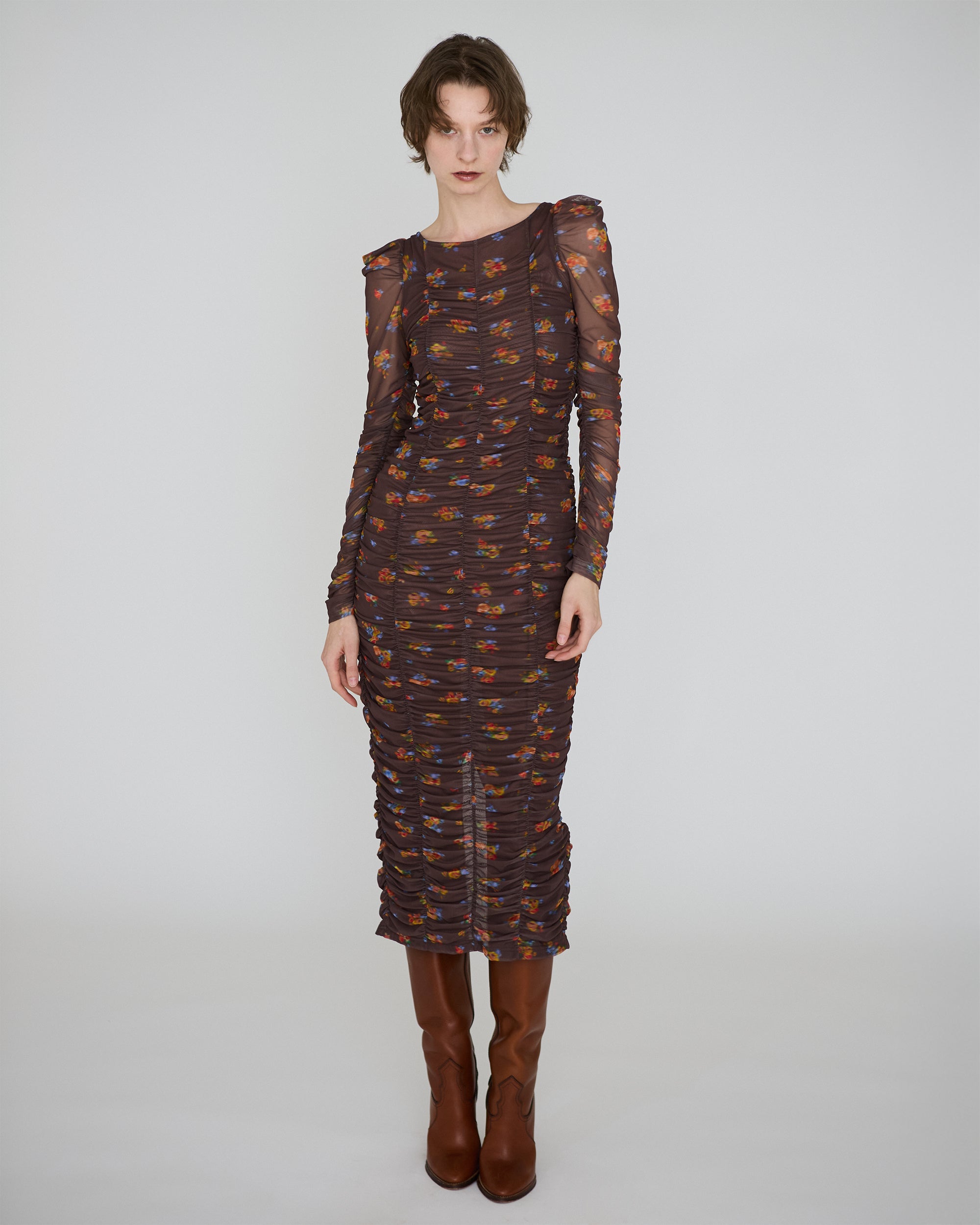 Brown bouquet gathered dress