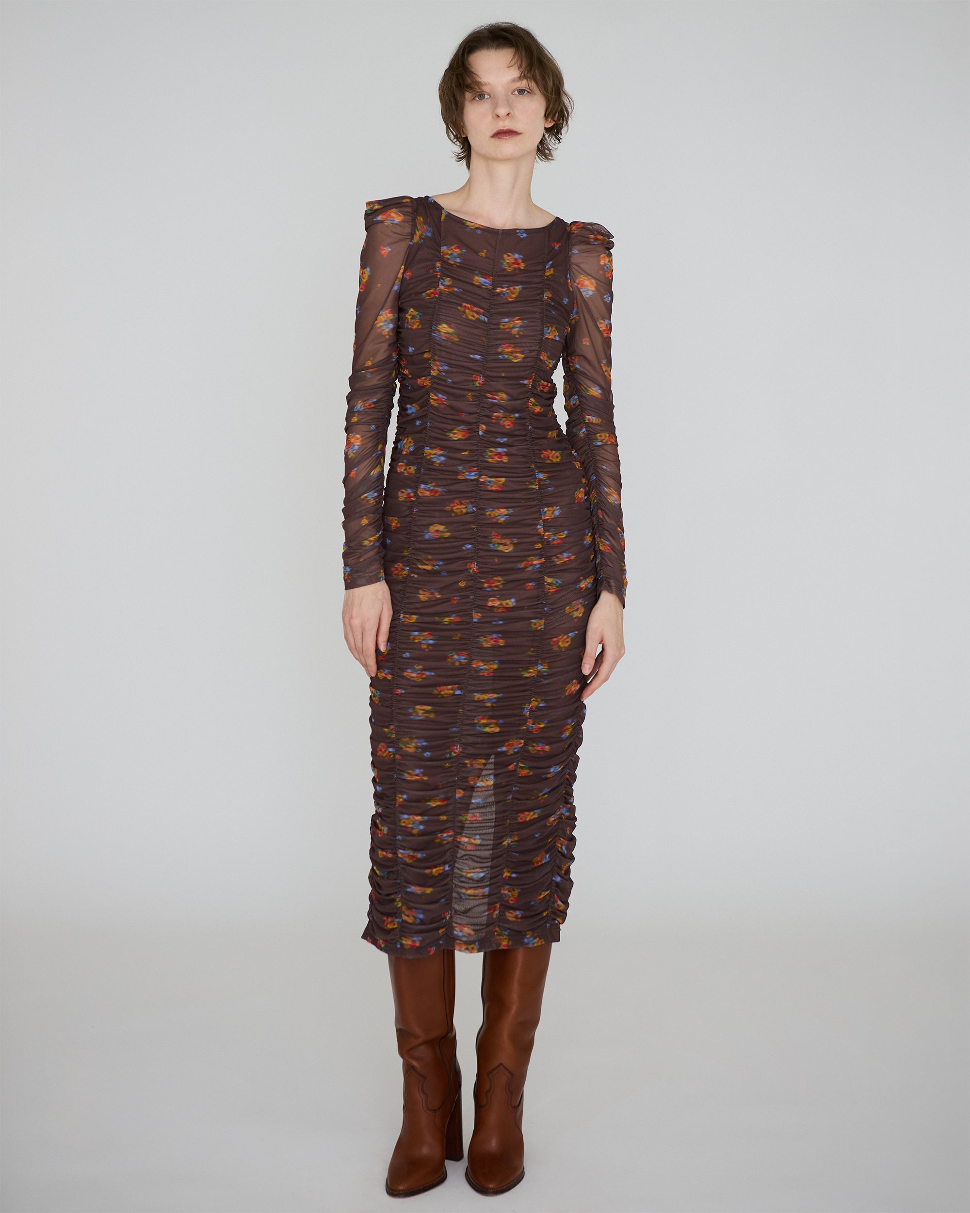 Brown bouquet gathered dress