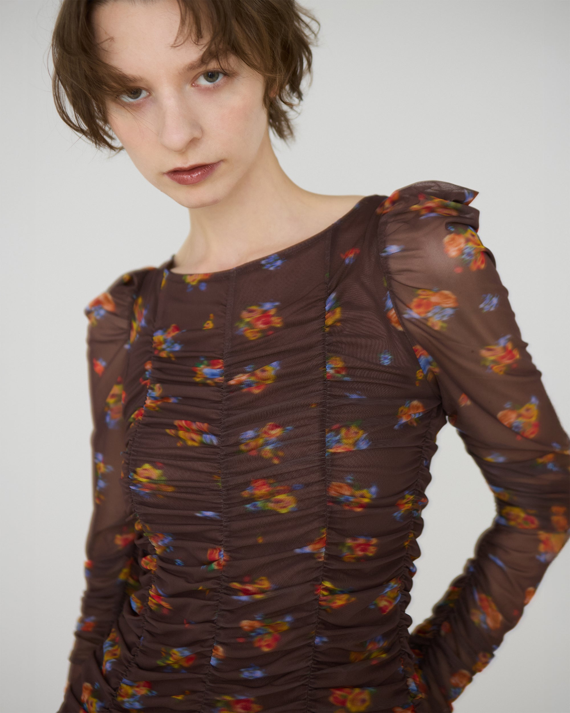 Brown bouquet gathered dress