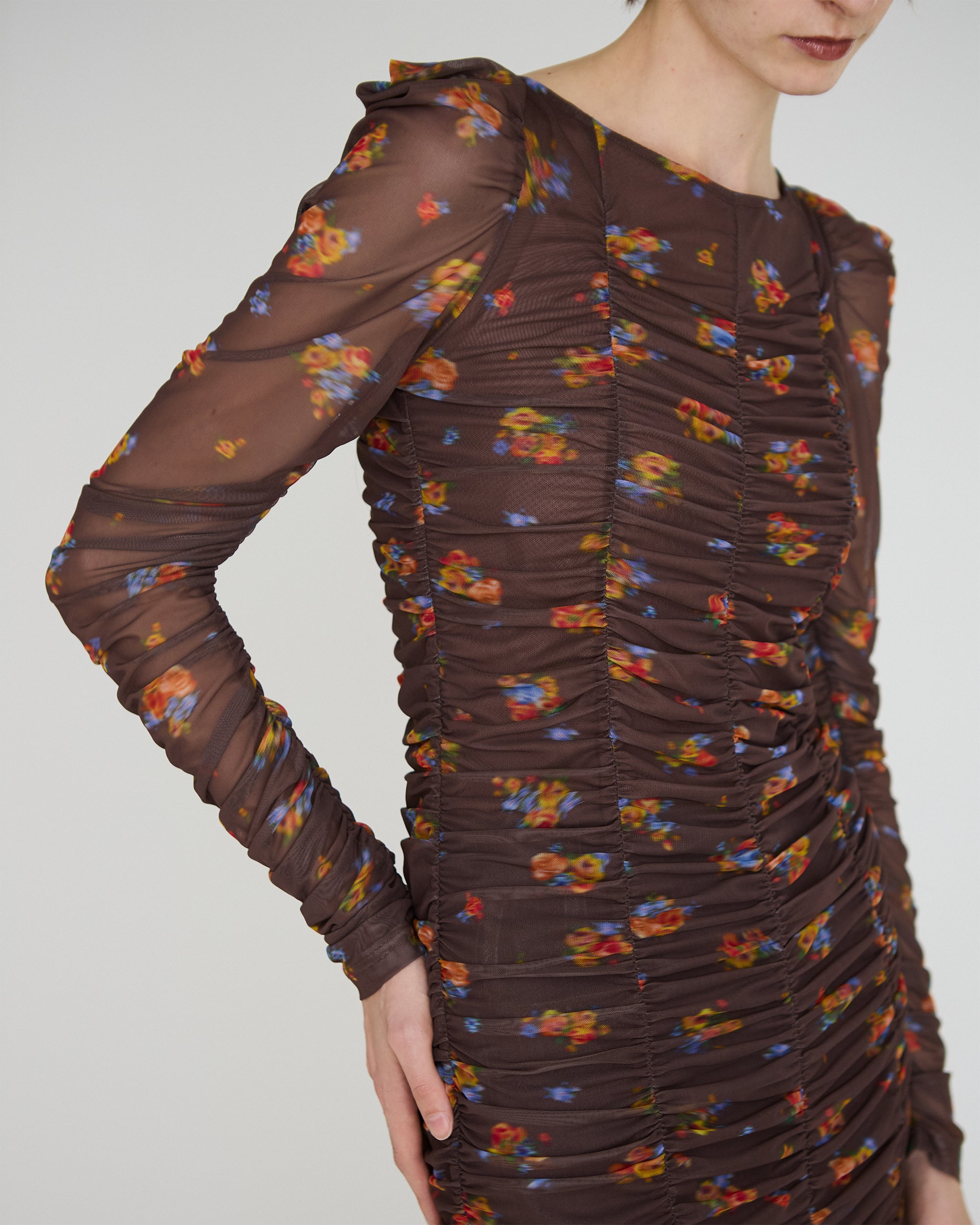 Brown bouquet gathered dress