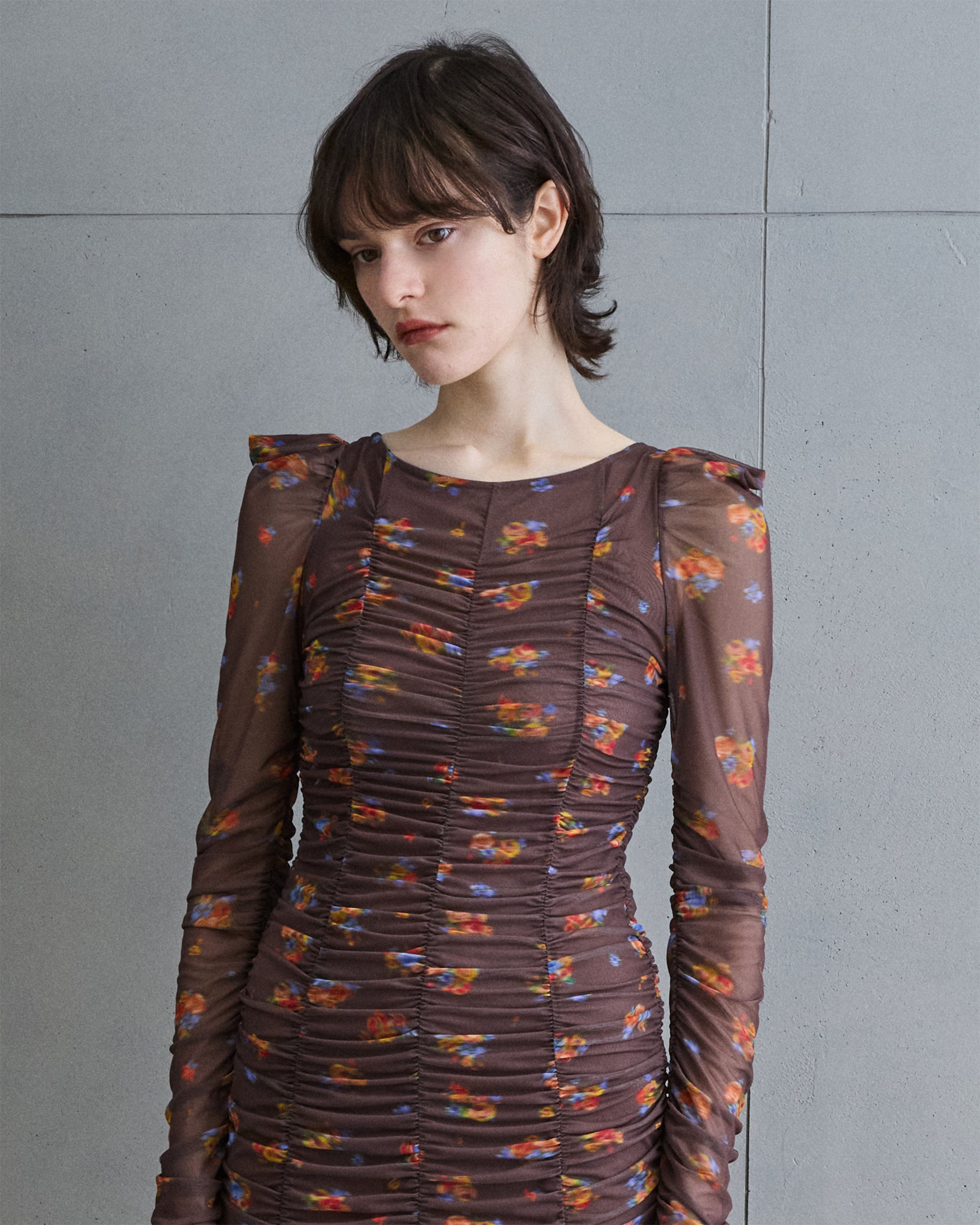 Brown bouquet gathered dress