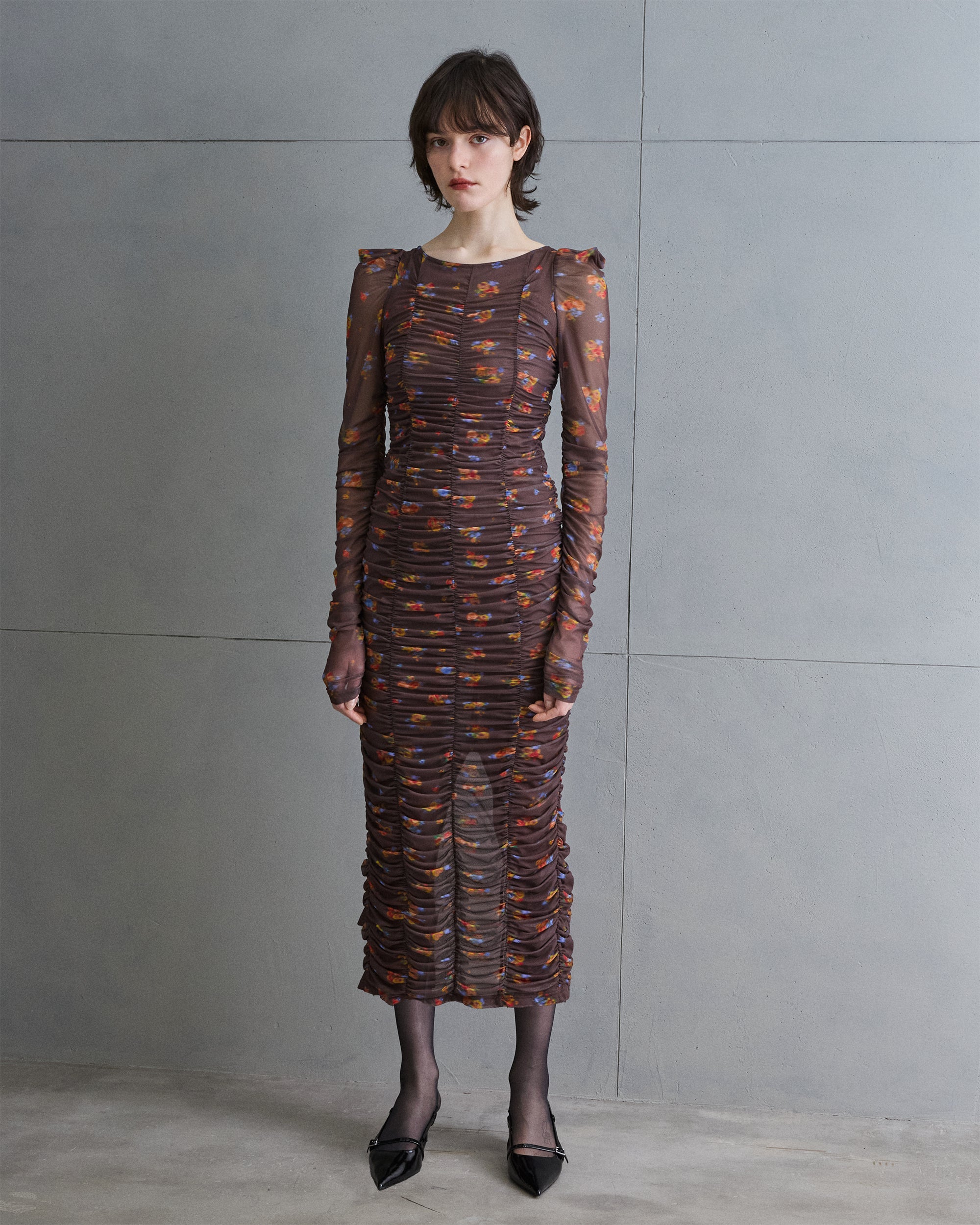 Brown bouquet gathered dress