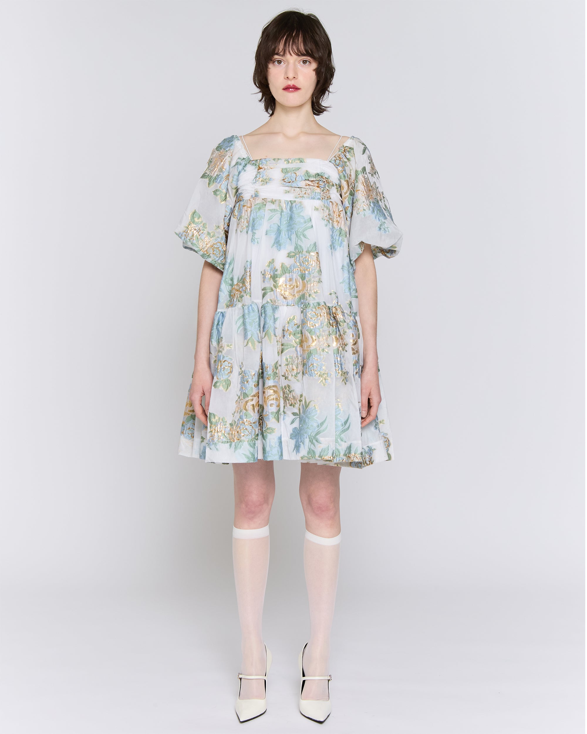 Gold jacquard puff mini dress