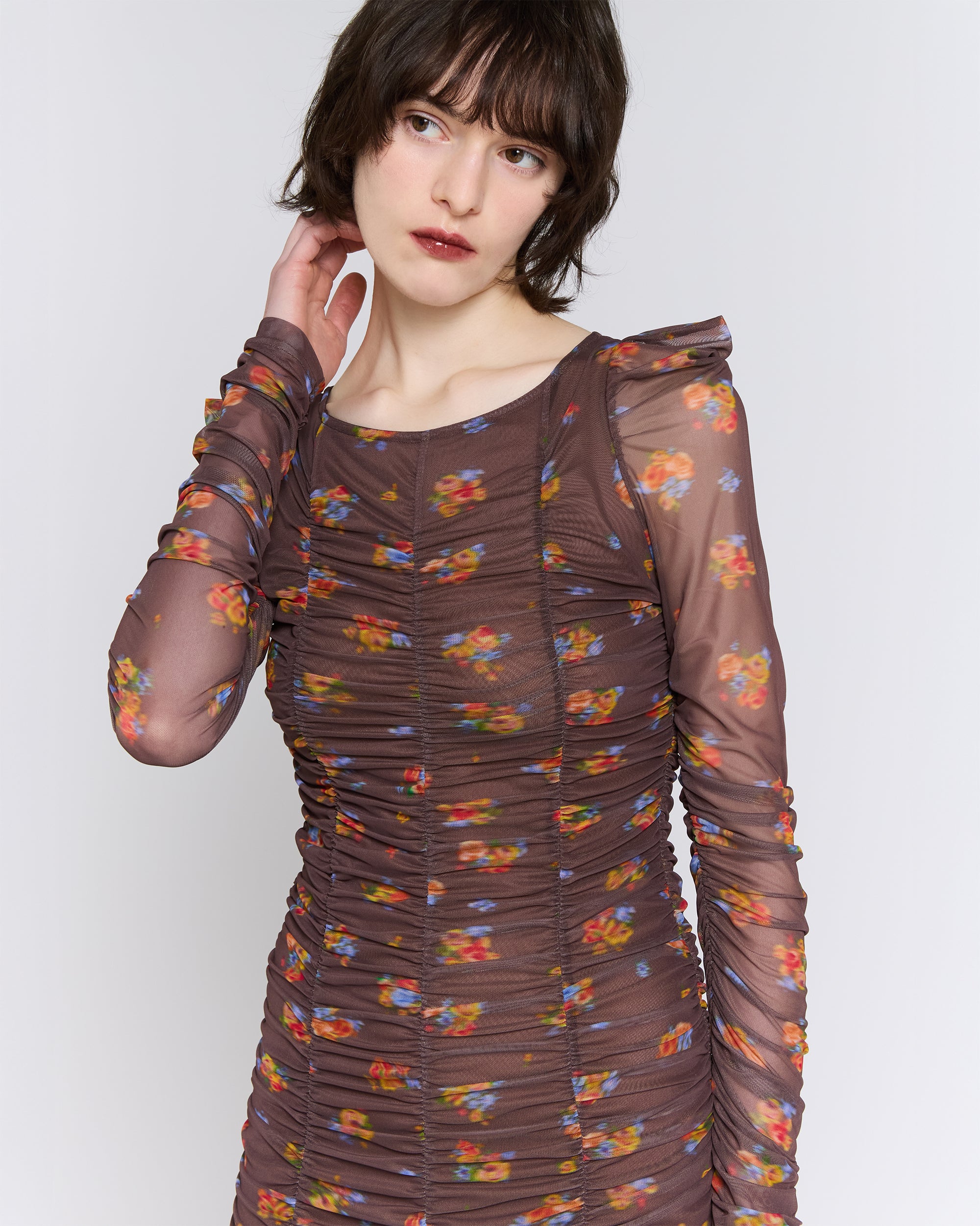 Brown bouquet gathered dress