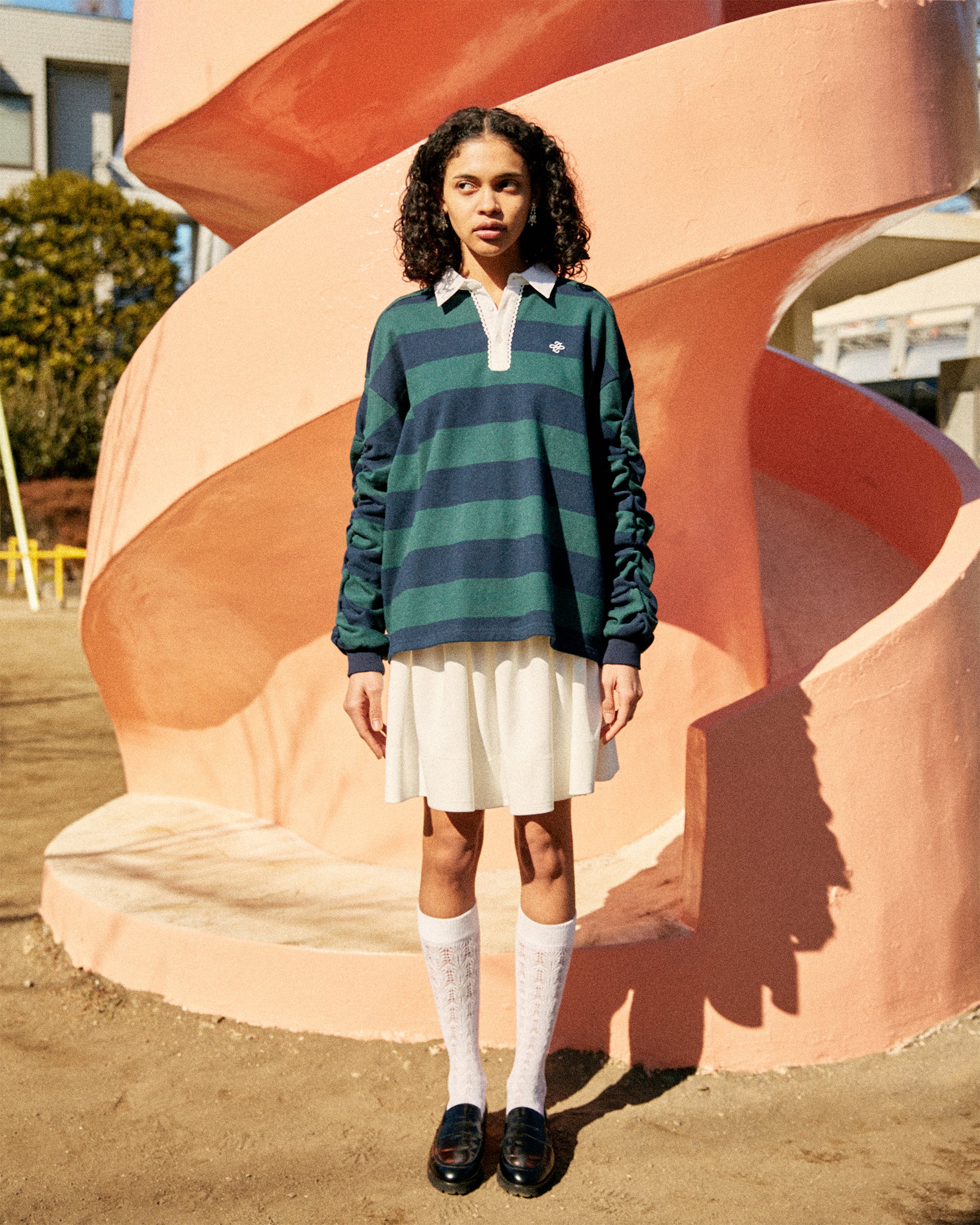 トップス GATHERED SLEEVE RUGBY SHIRT Gathered sleeve rugby shirt (green/navy)