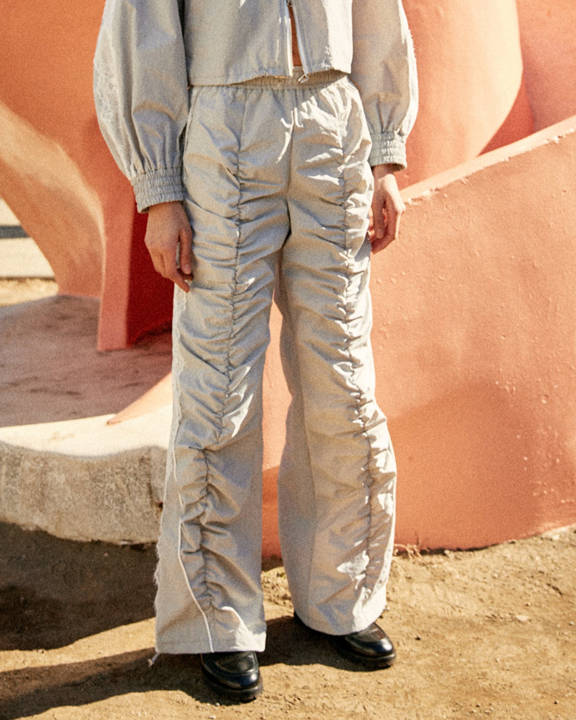 Lace gathered nylon pants