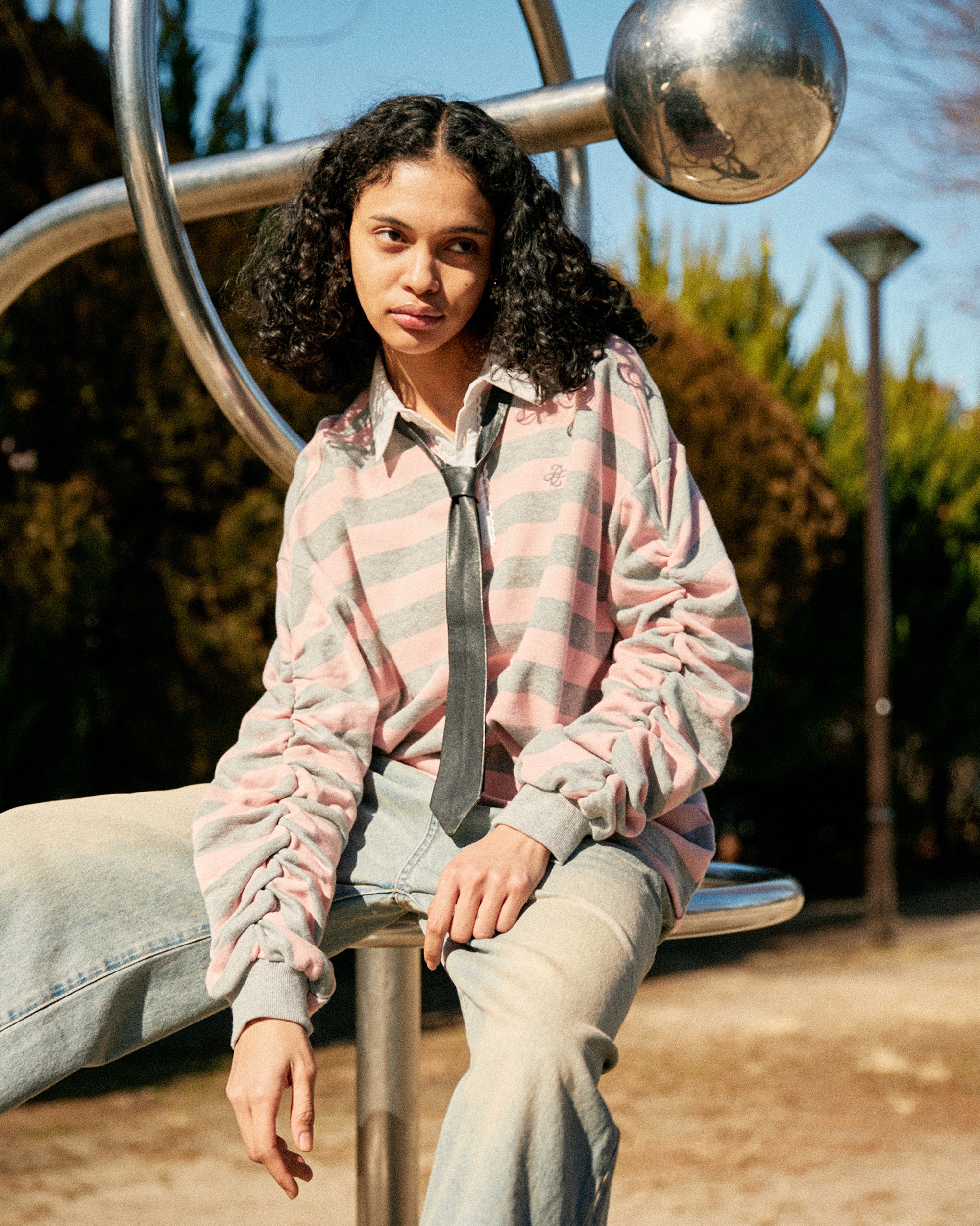 トップス GATHERED SLEEVE RUGBY SHIRT Gathered sleeve rugby shirt (pink/gray)