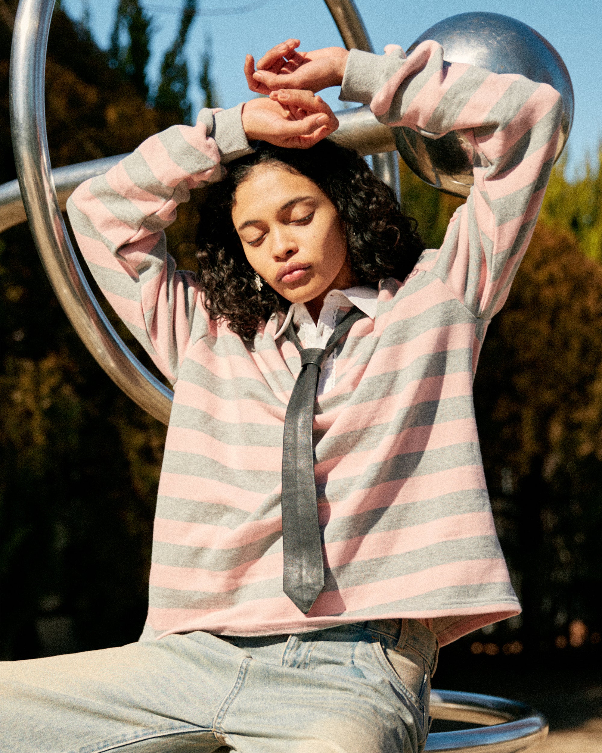 トップス GATHERED SLEEVE RUGBY SHIRT Gathered sleeve rugby shirt (pink/gray)