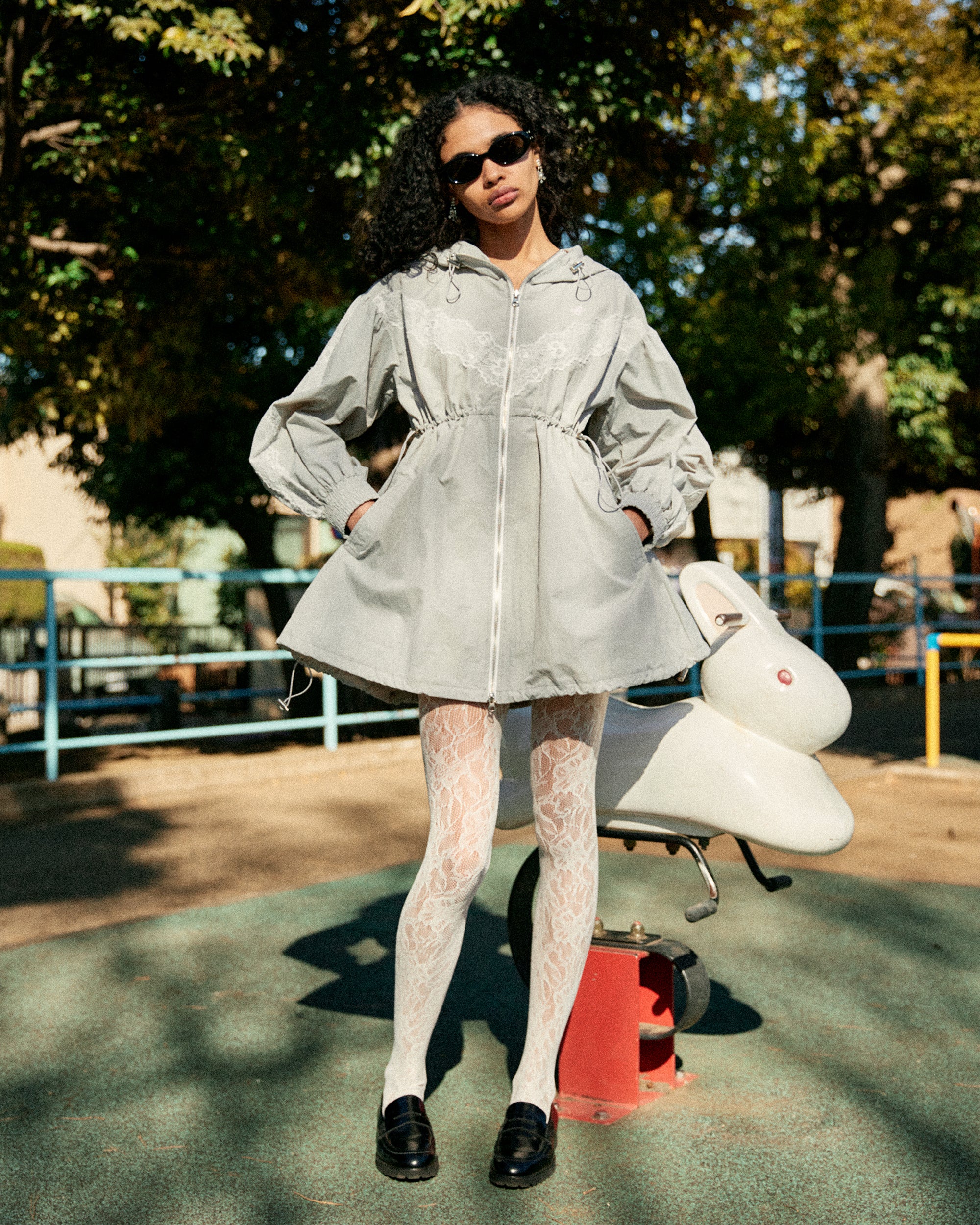 Lace nylon hoodie one-piece