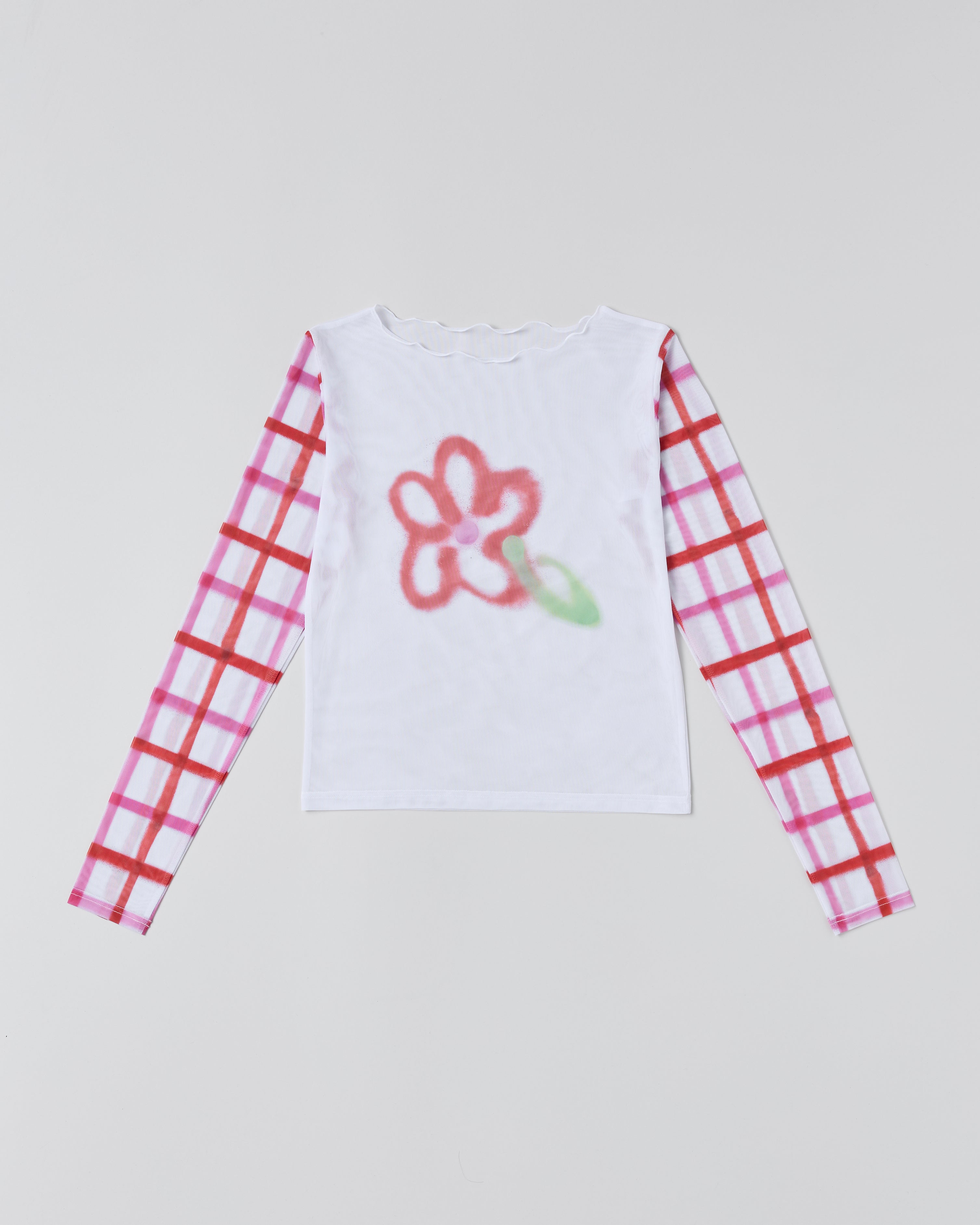 Check sleeve spray flower see-through tops (round neck)