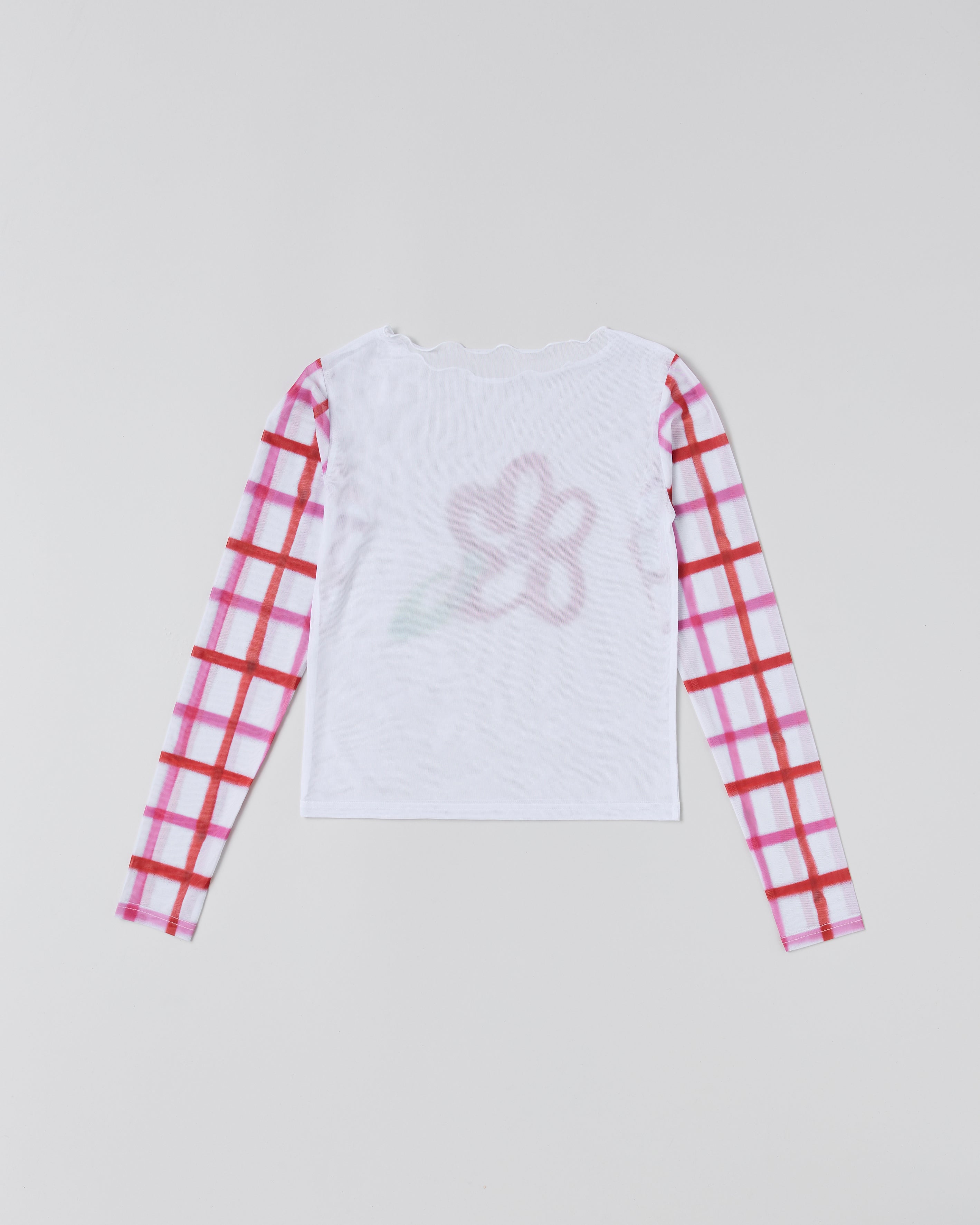 Check sleeve spray flower see-through tops (round neck)