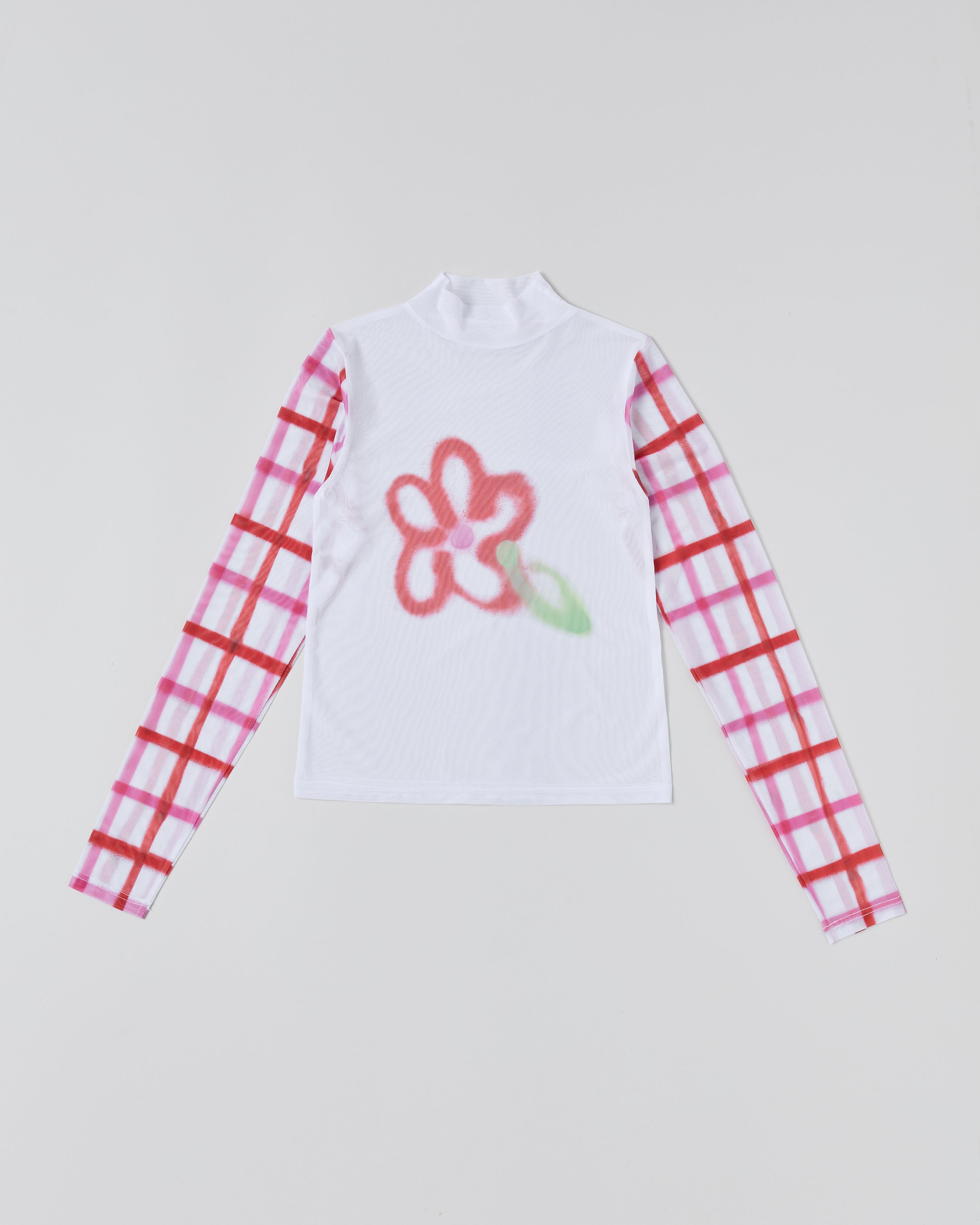 Check sleeve spray flower see-through tops (high neck)