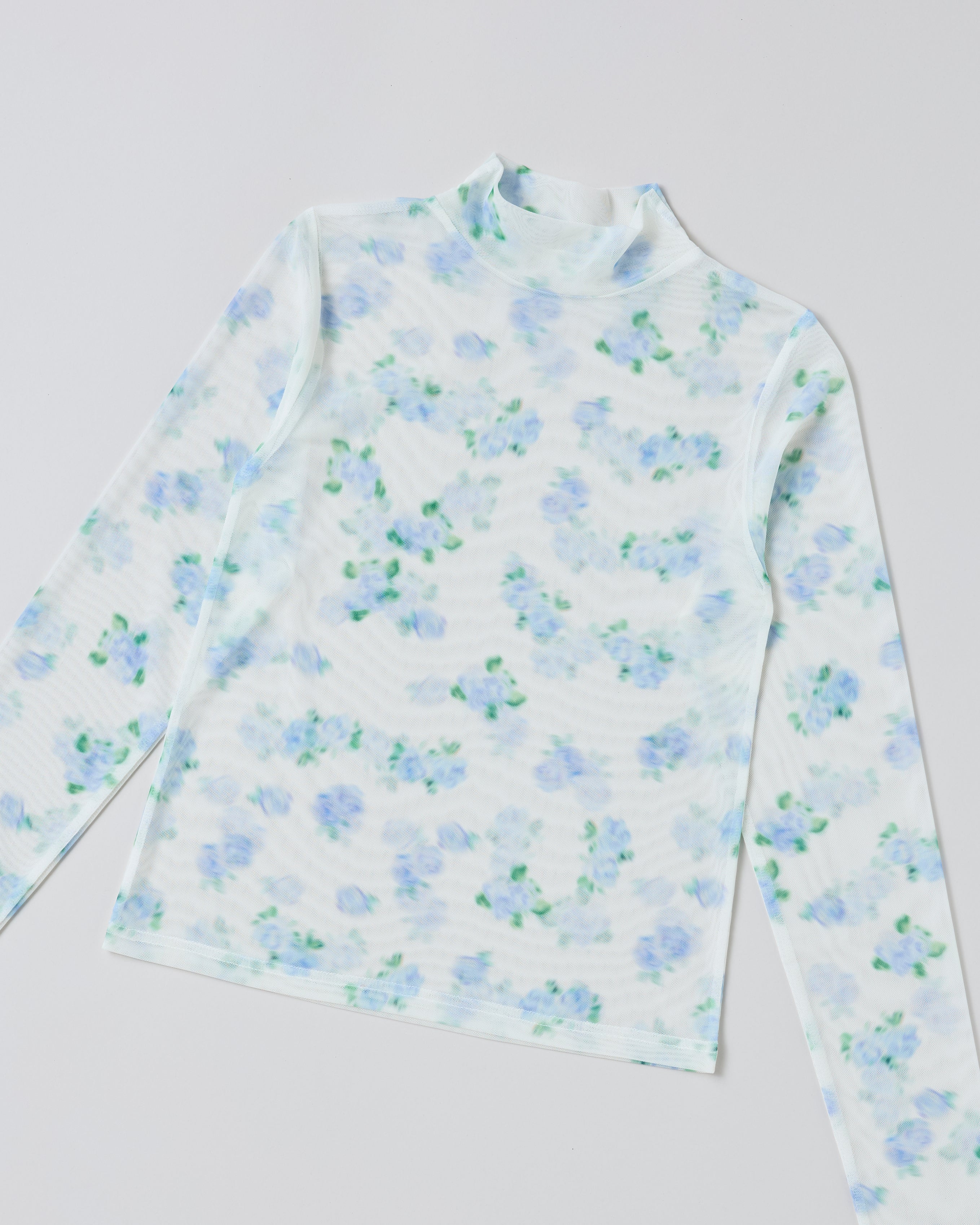 Blue blurred flower see-through tops (high neck)