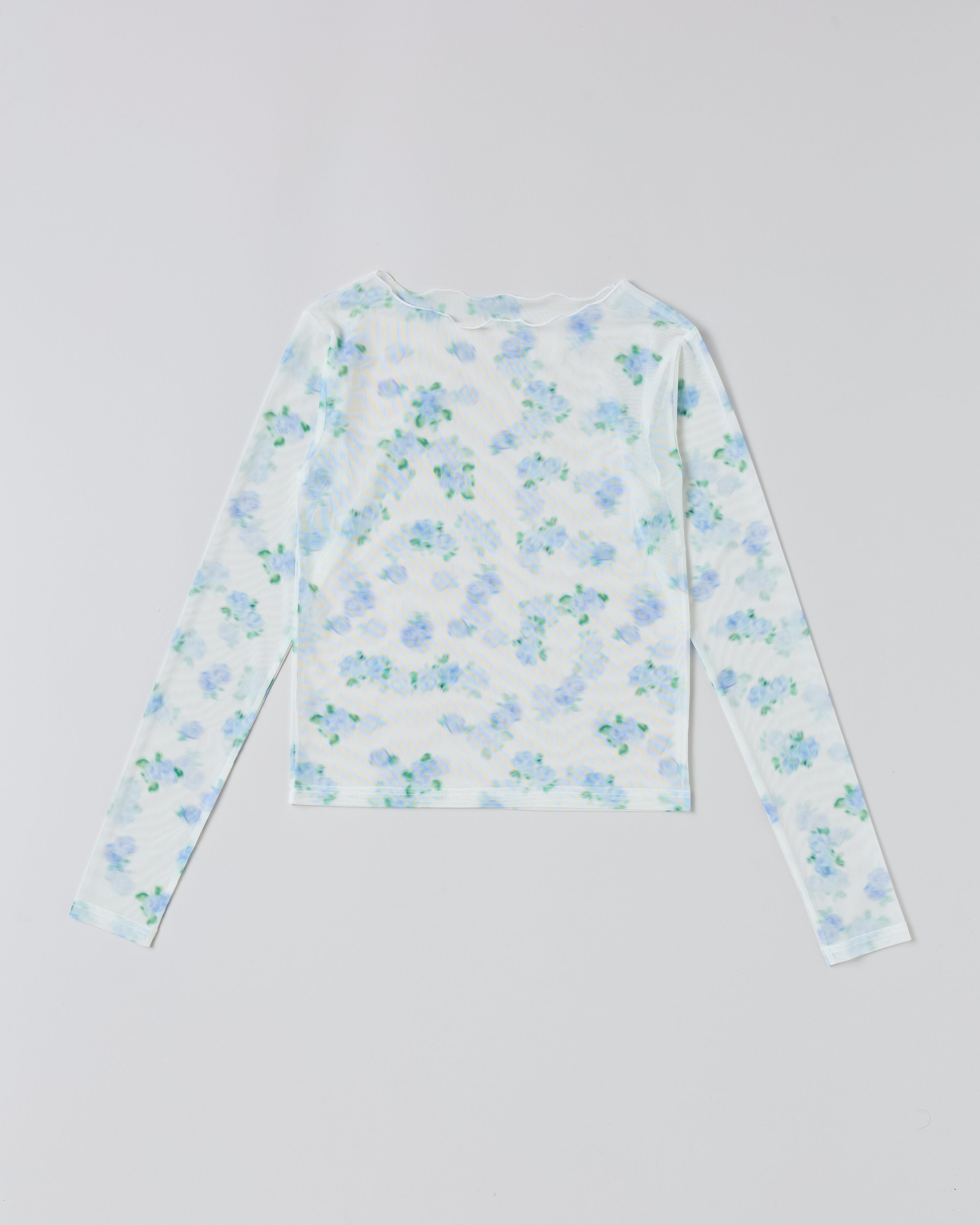 Blue blurred flower see-through tops (round neck)