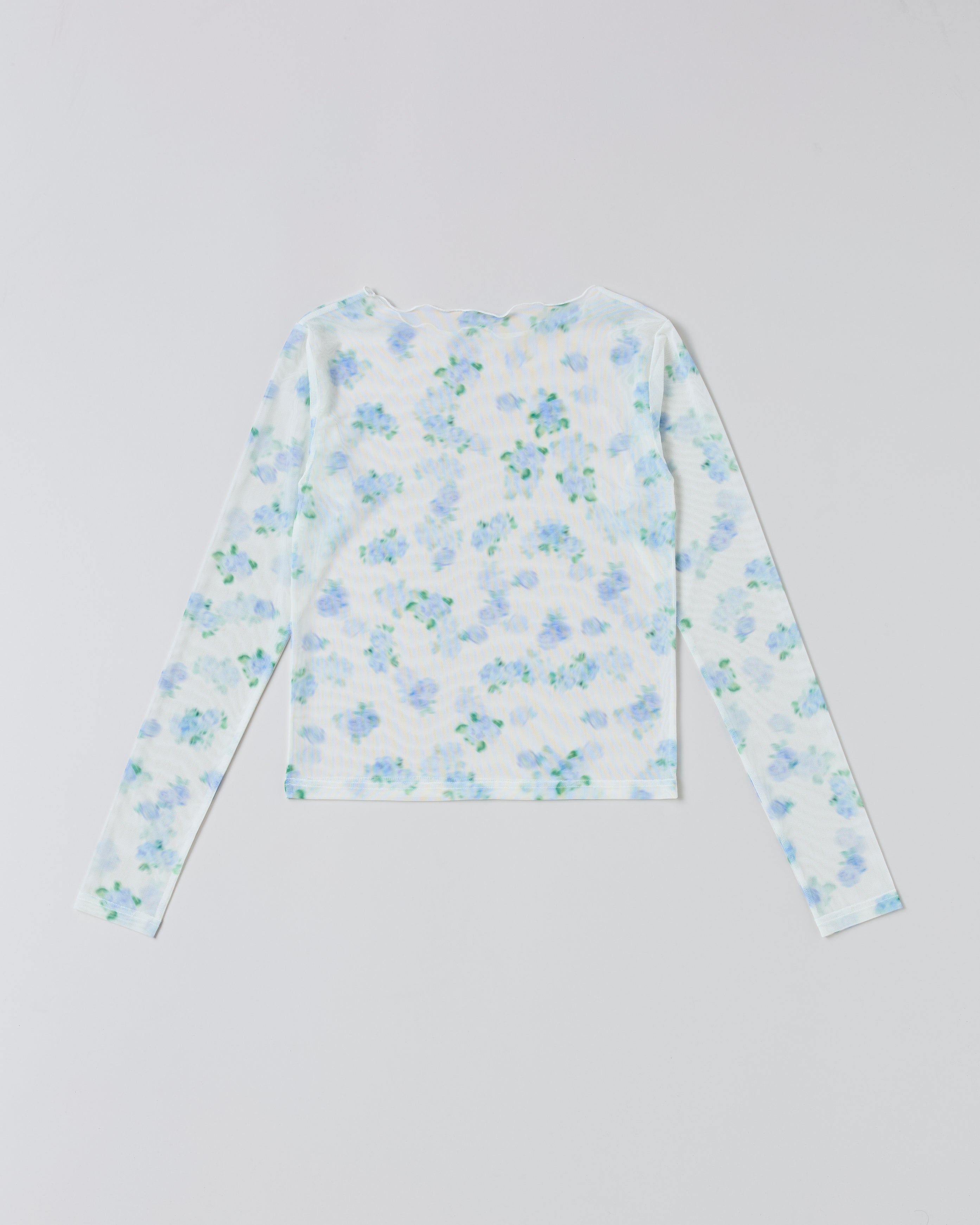 Blue blurred flower see-through tops  (round neck)