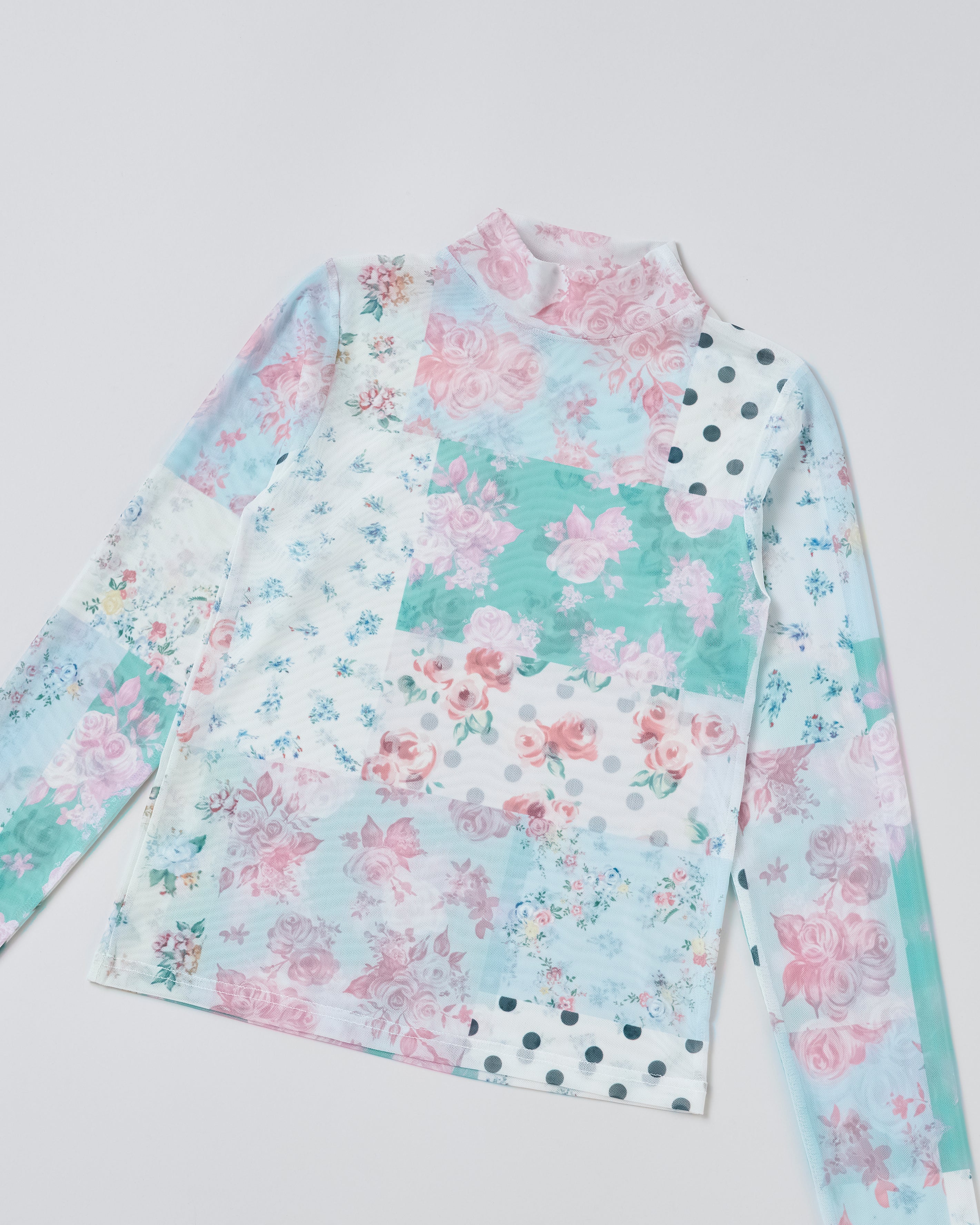 Nostalgic patchwork see-through tops (high neck)