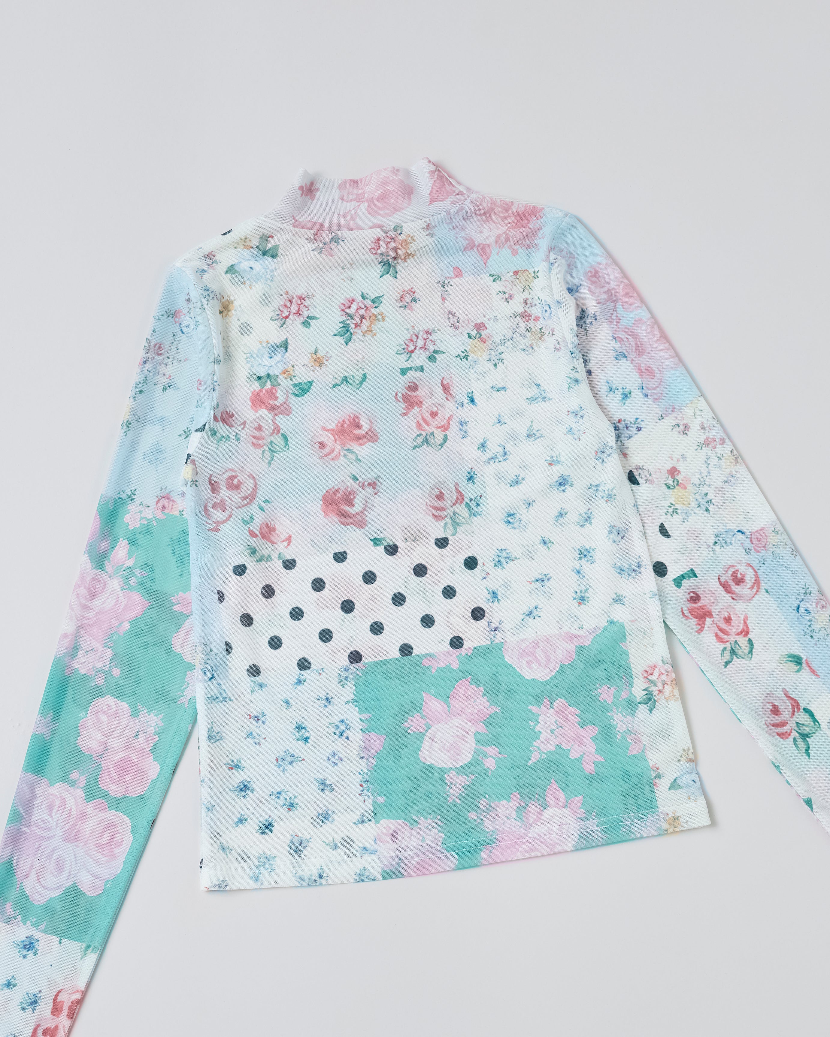 Nostalgic patchwork see-through tops (high neck)