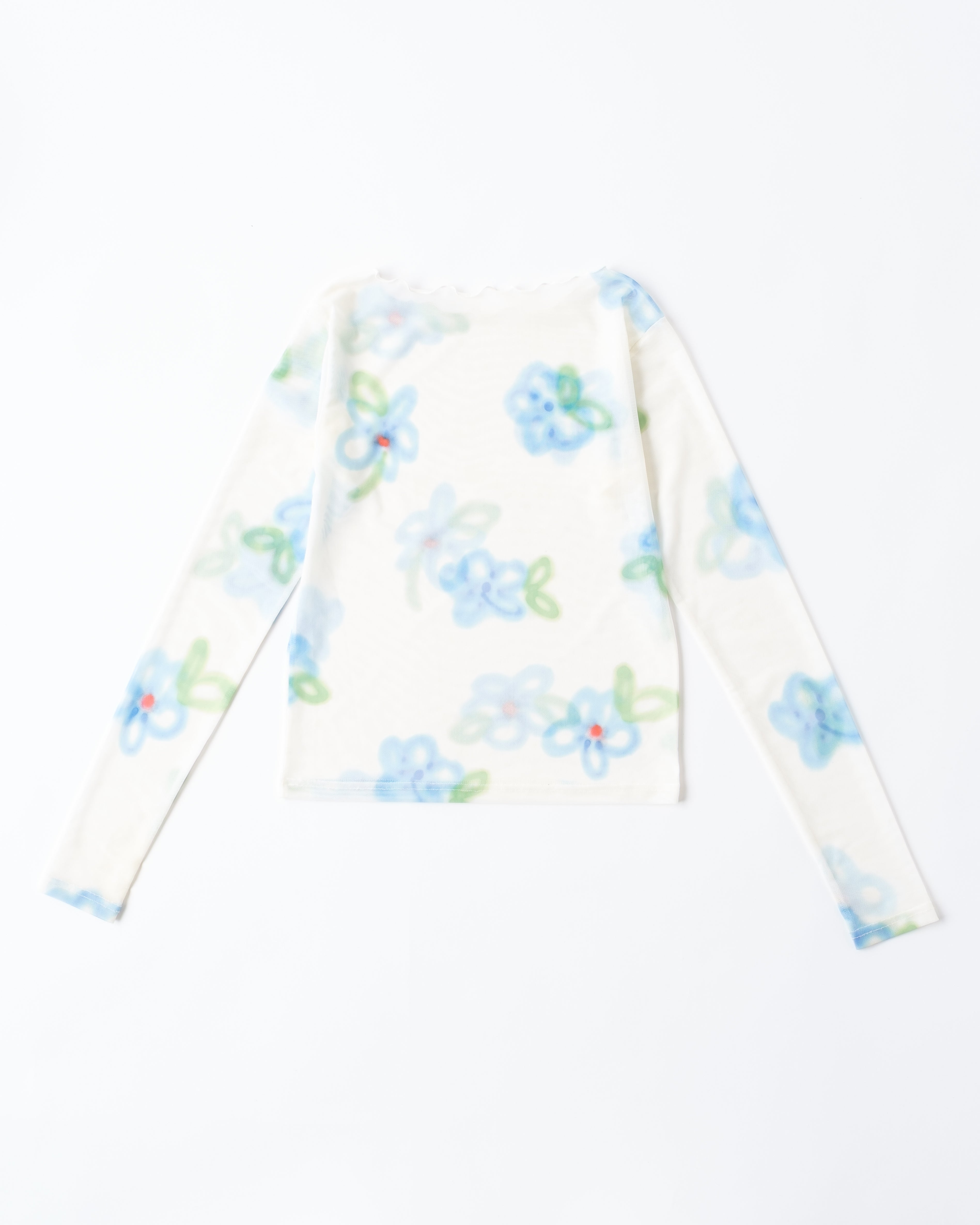 Blue spray flower see-through tops (round neck)