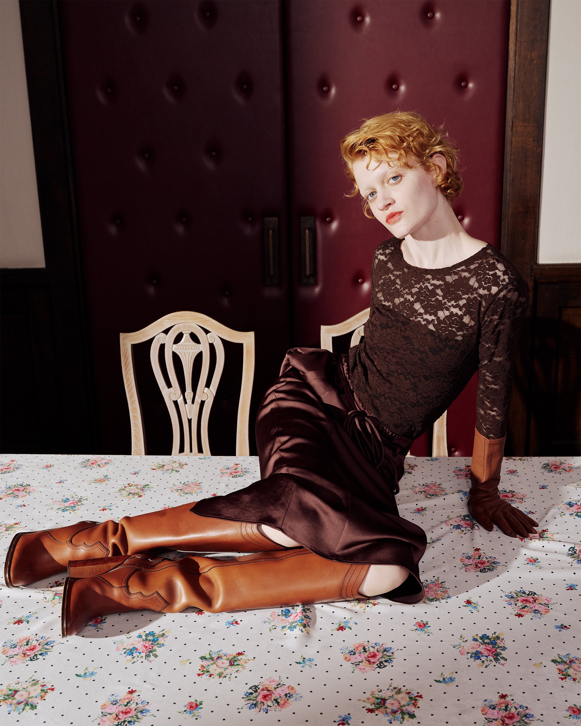 Brown lace tops (round neck)