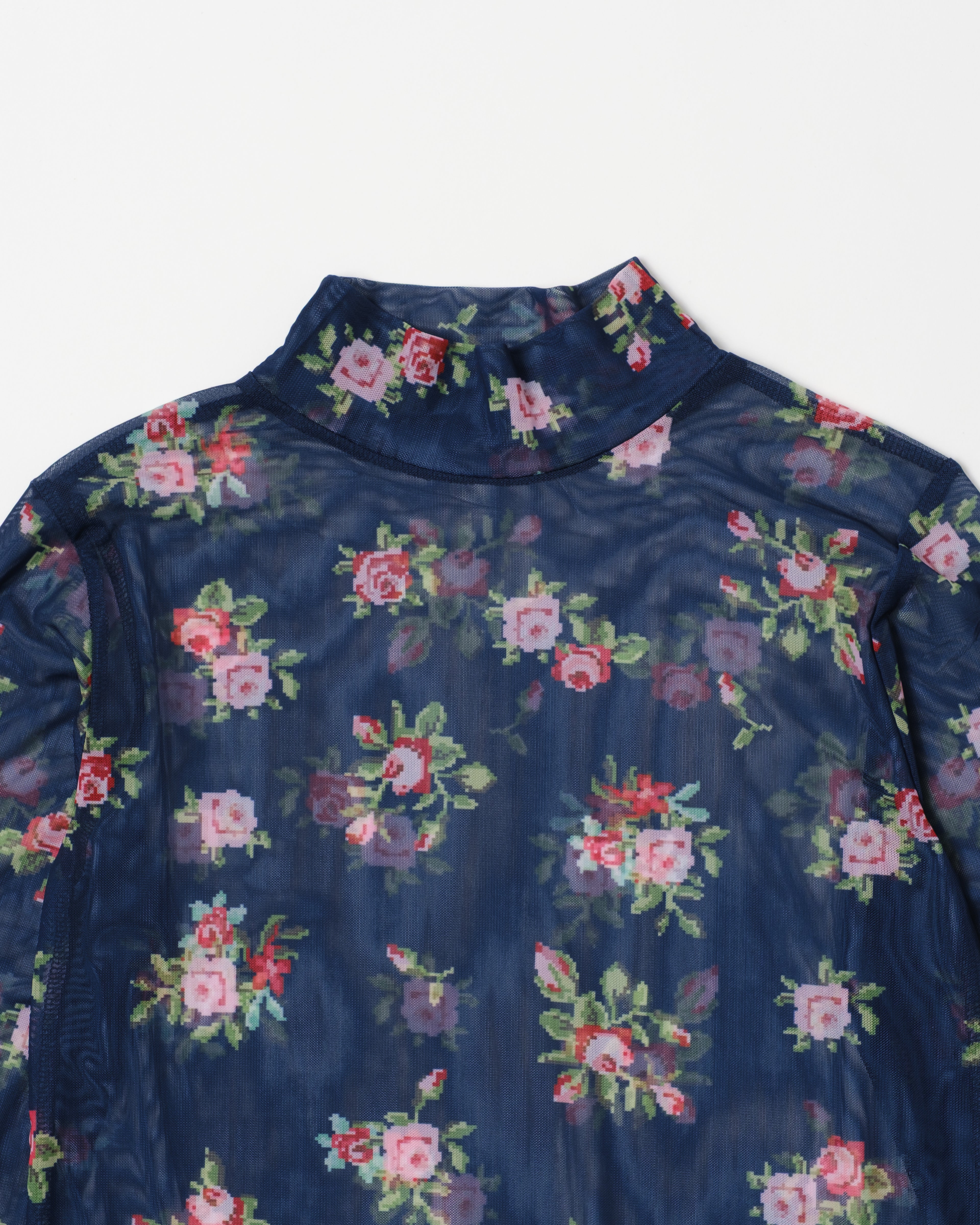 Jacquard grid flower see-through tops (high neck)