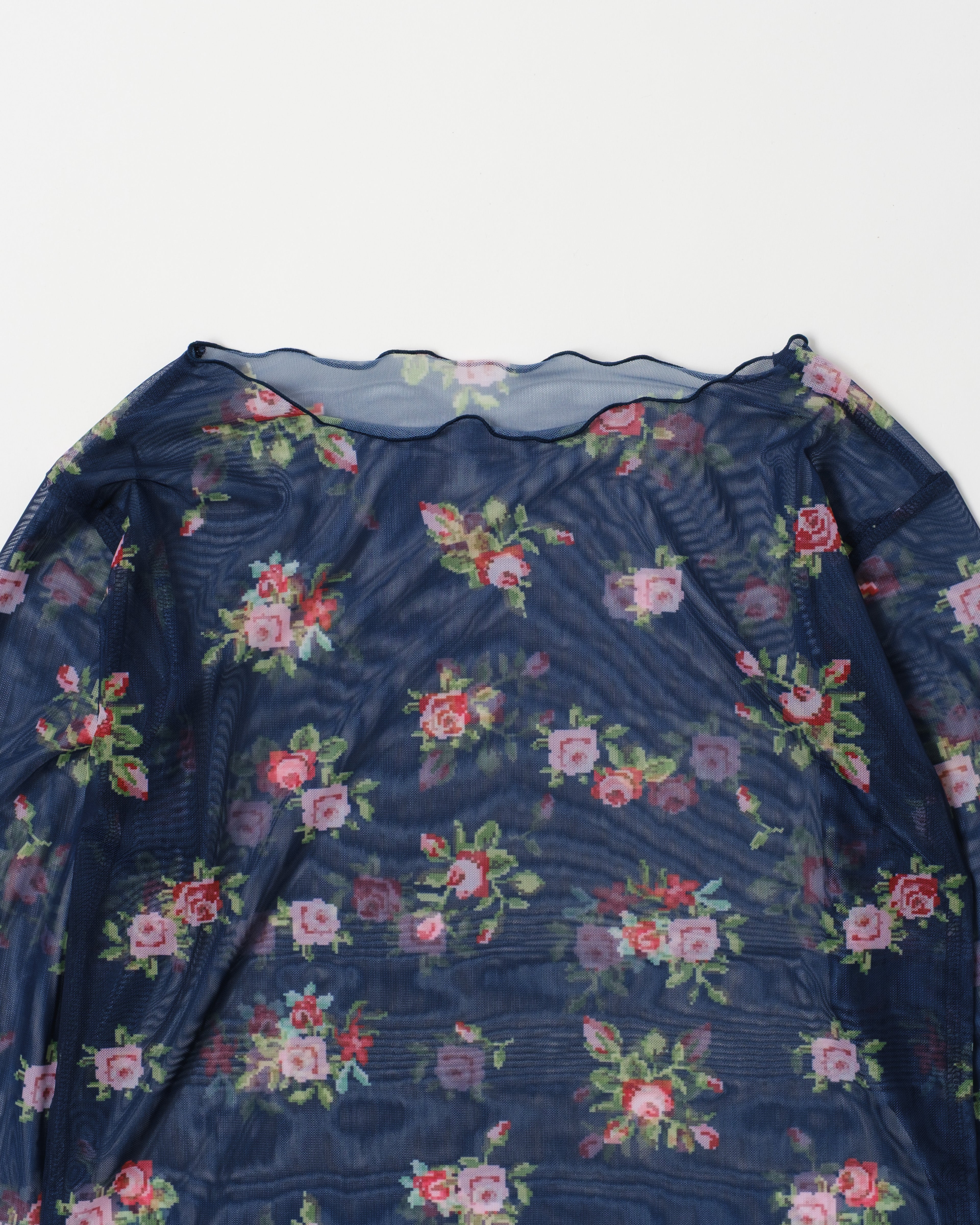 トップス POPPY ART FLOWER SEE-THROUGH TOPS Jacquard grid flower see-through tops (round neck)