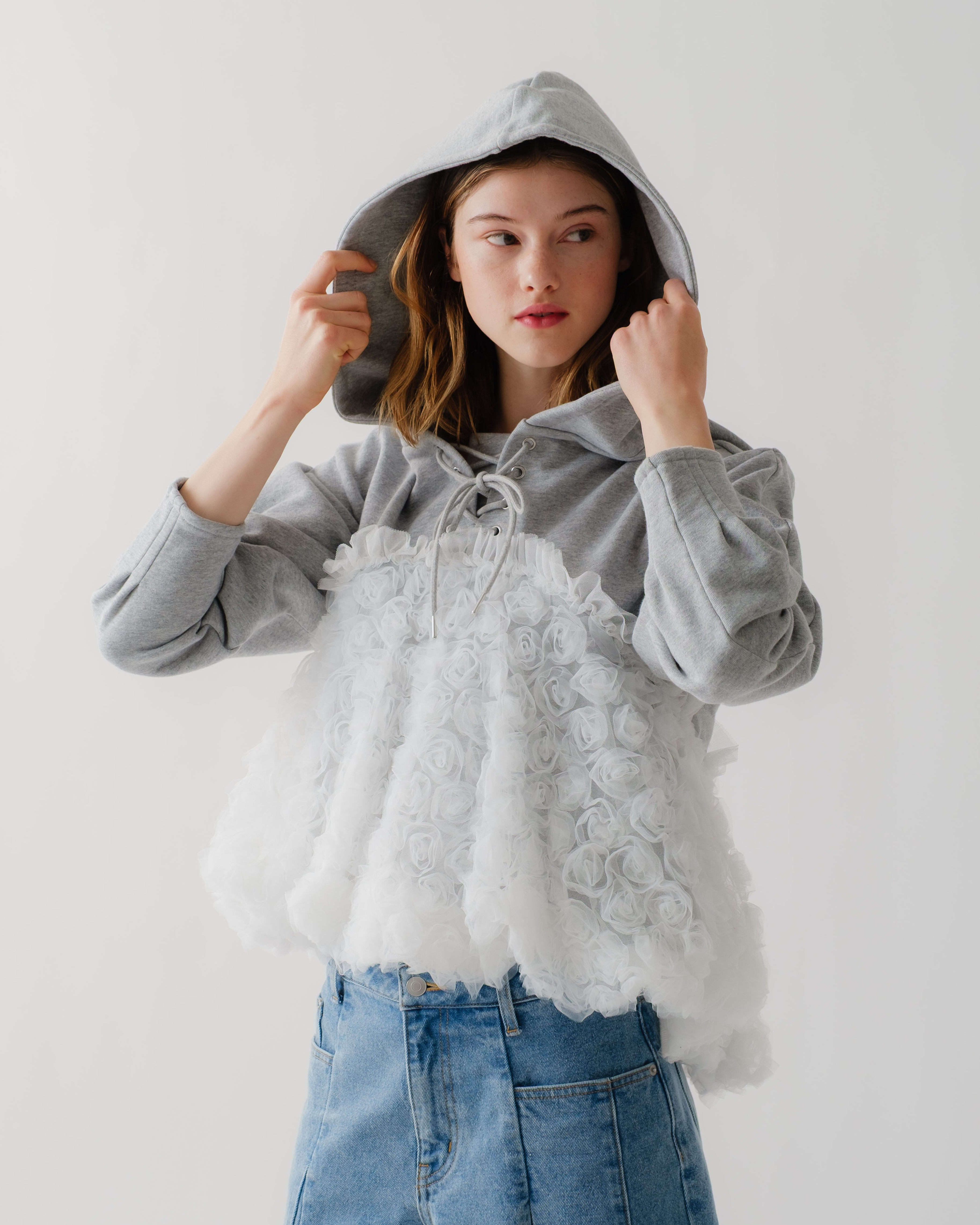 poppy あさぎーにょ チュール トップス Tulle docking hoodie（black
