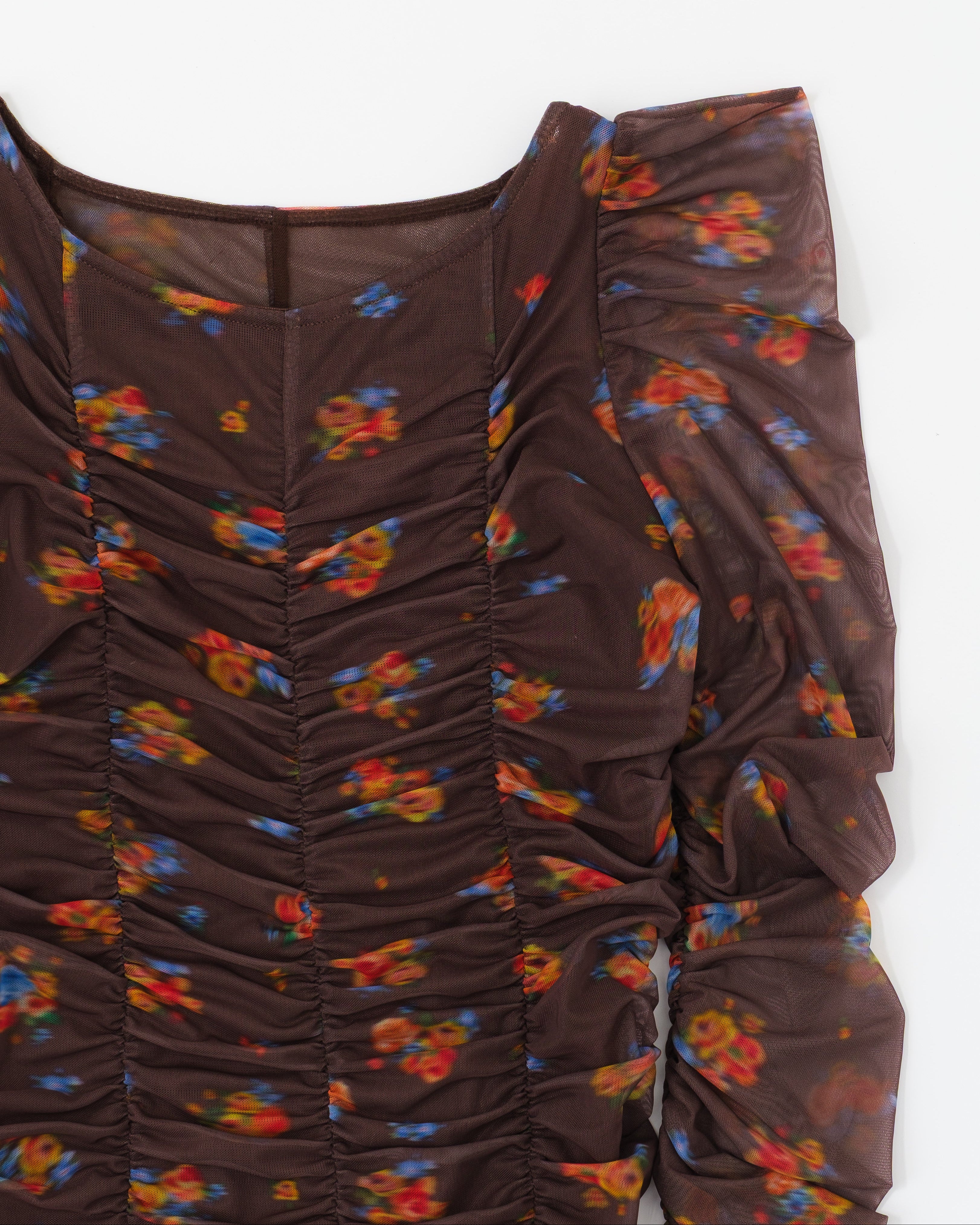 Brown bouquet gathered dress