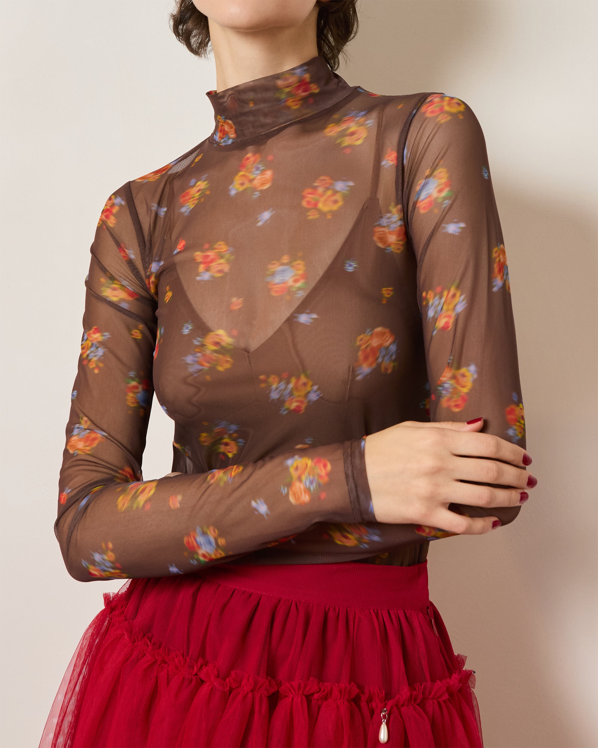 Brown bouquet see-through tops (high neck)