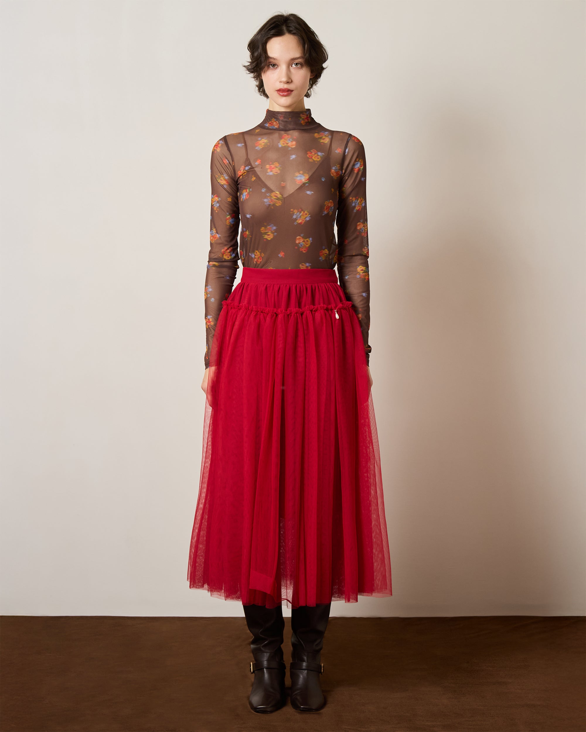 Brown bouquet see-through tops (high neck)