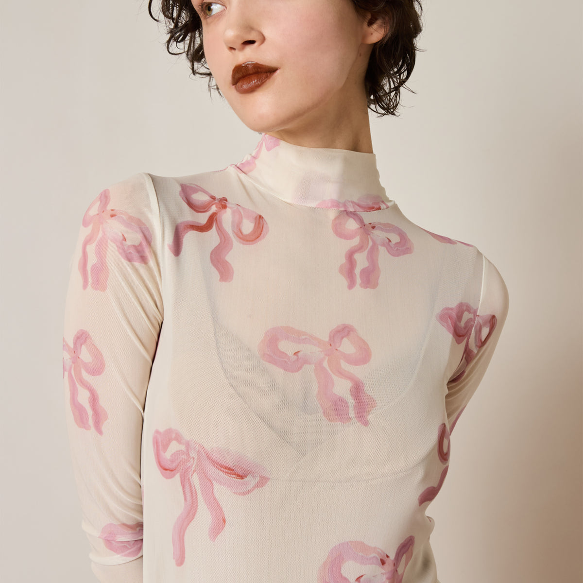 Pink ribbon see-through tops (High neck)