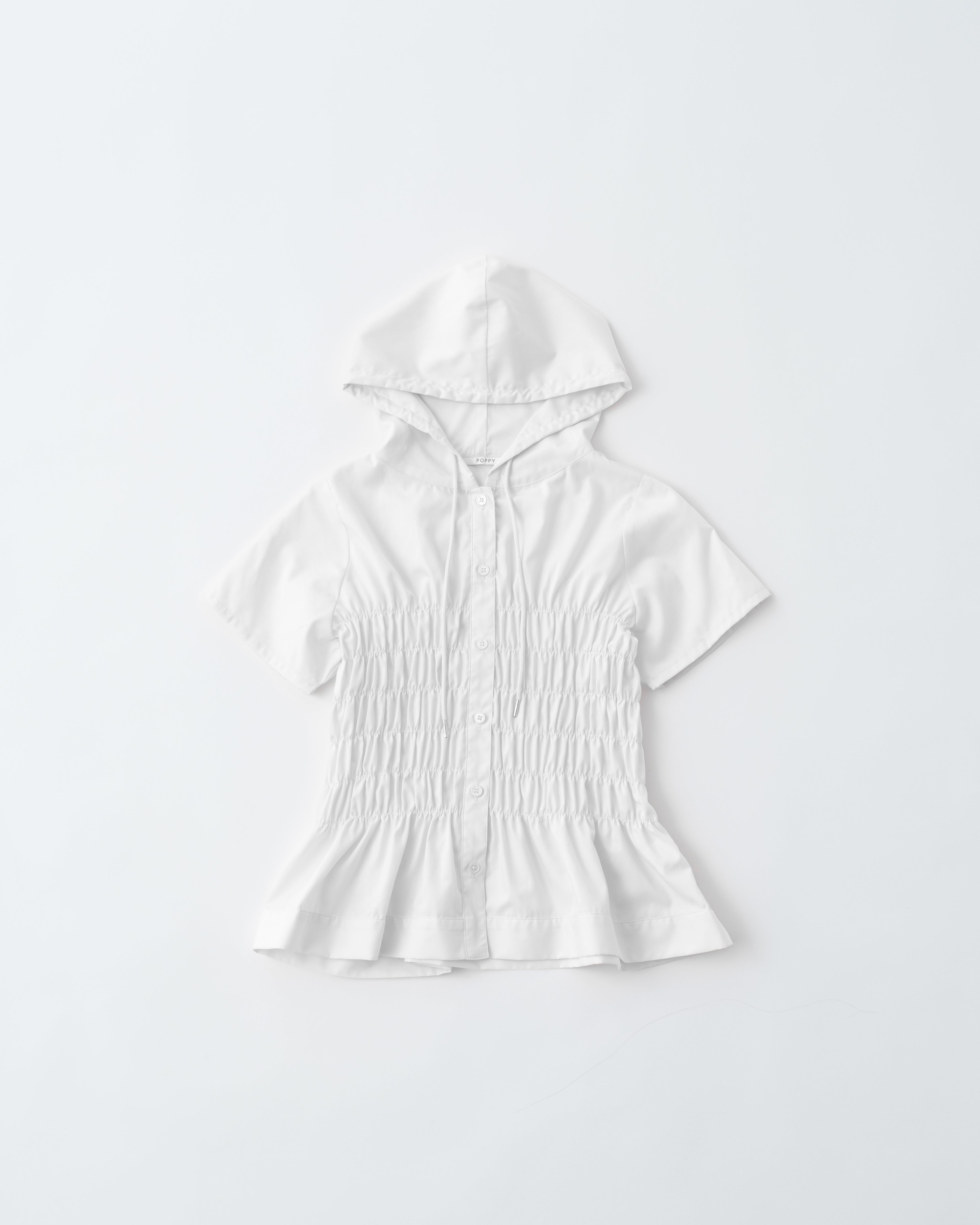 POPPY PEAK SHIRRING TOP ホワイト 半袖 Short sleeve shirring hoodie shirt