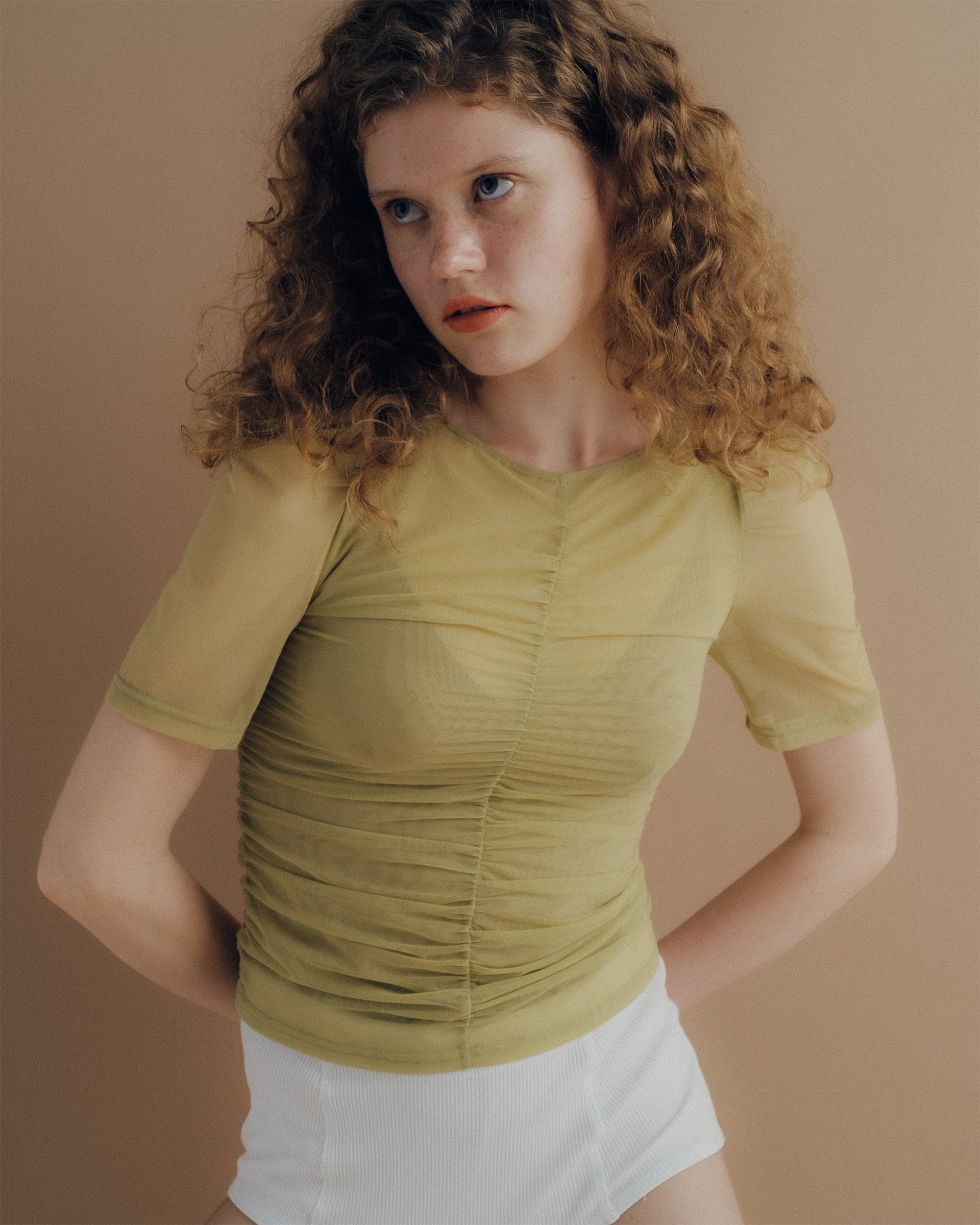 Peak shirring tulle top