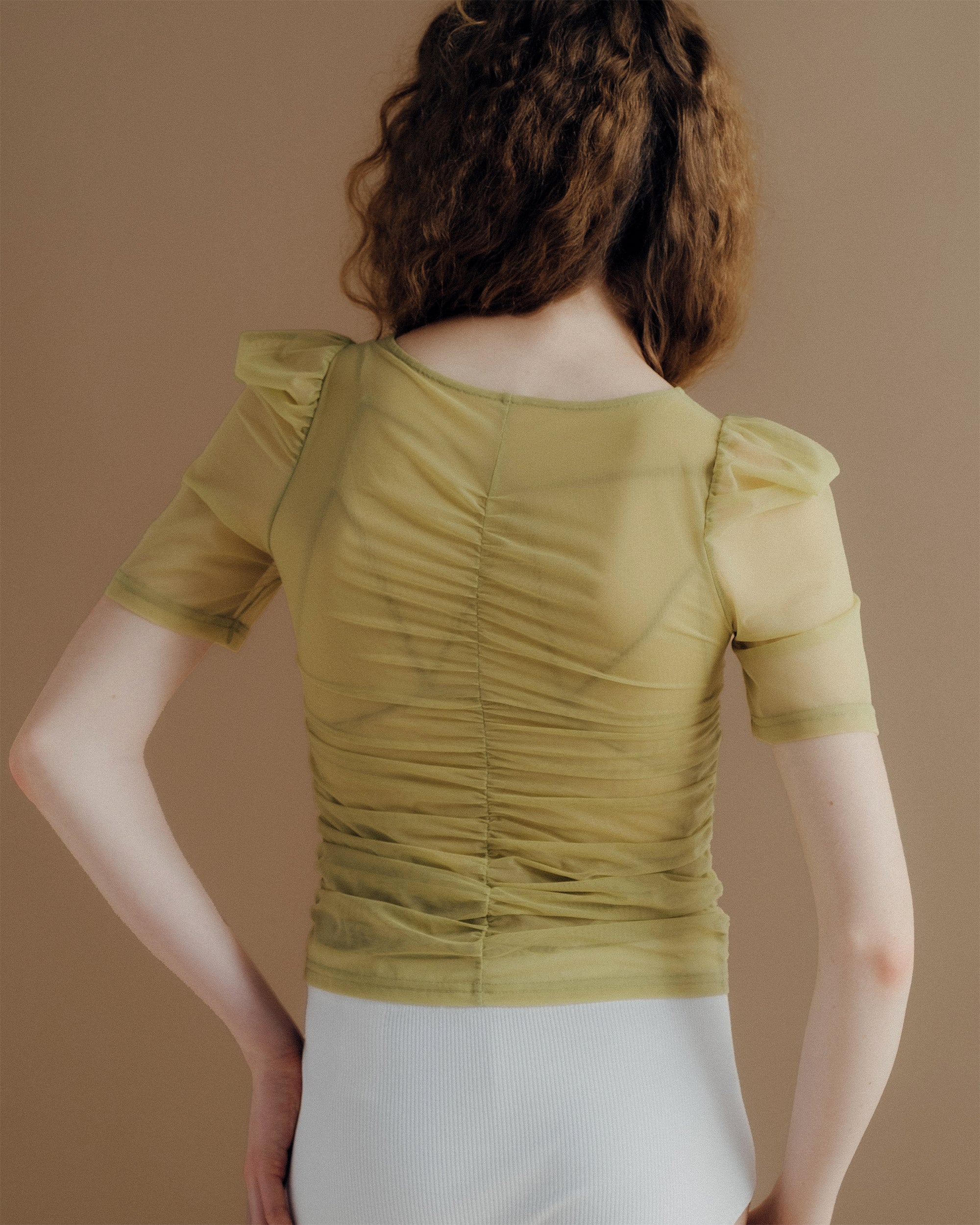 Peak shirring tulle top