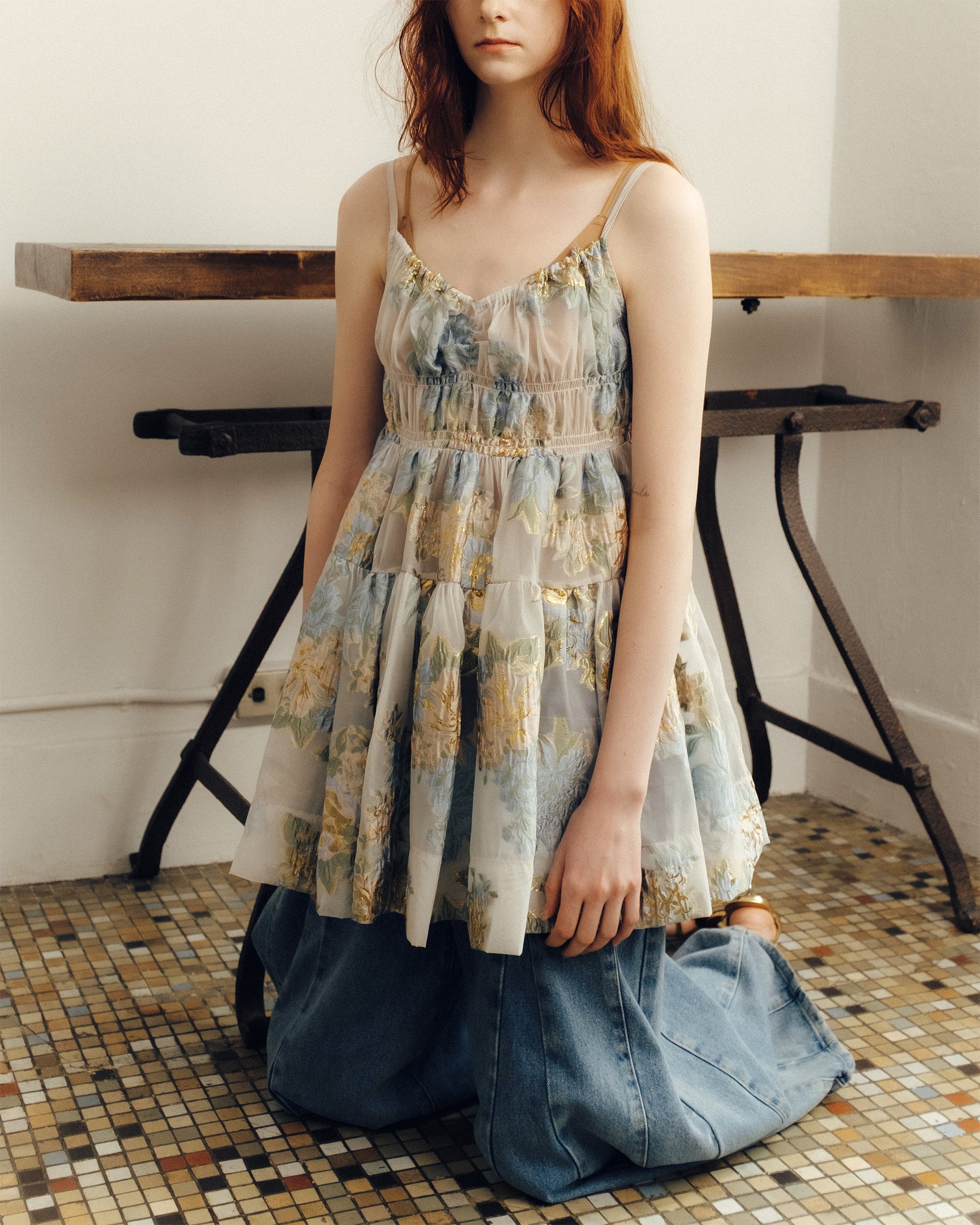 美品◎ POPPY JACQUARD FLARE CAMI TUNIC Gold jacquard flare tunic