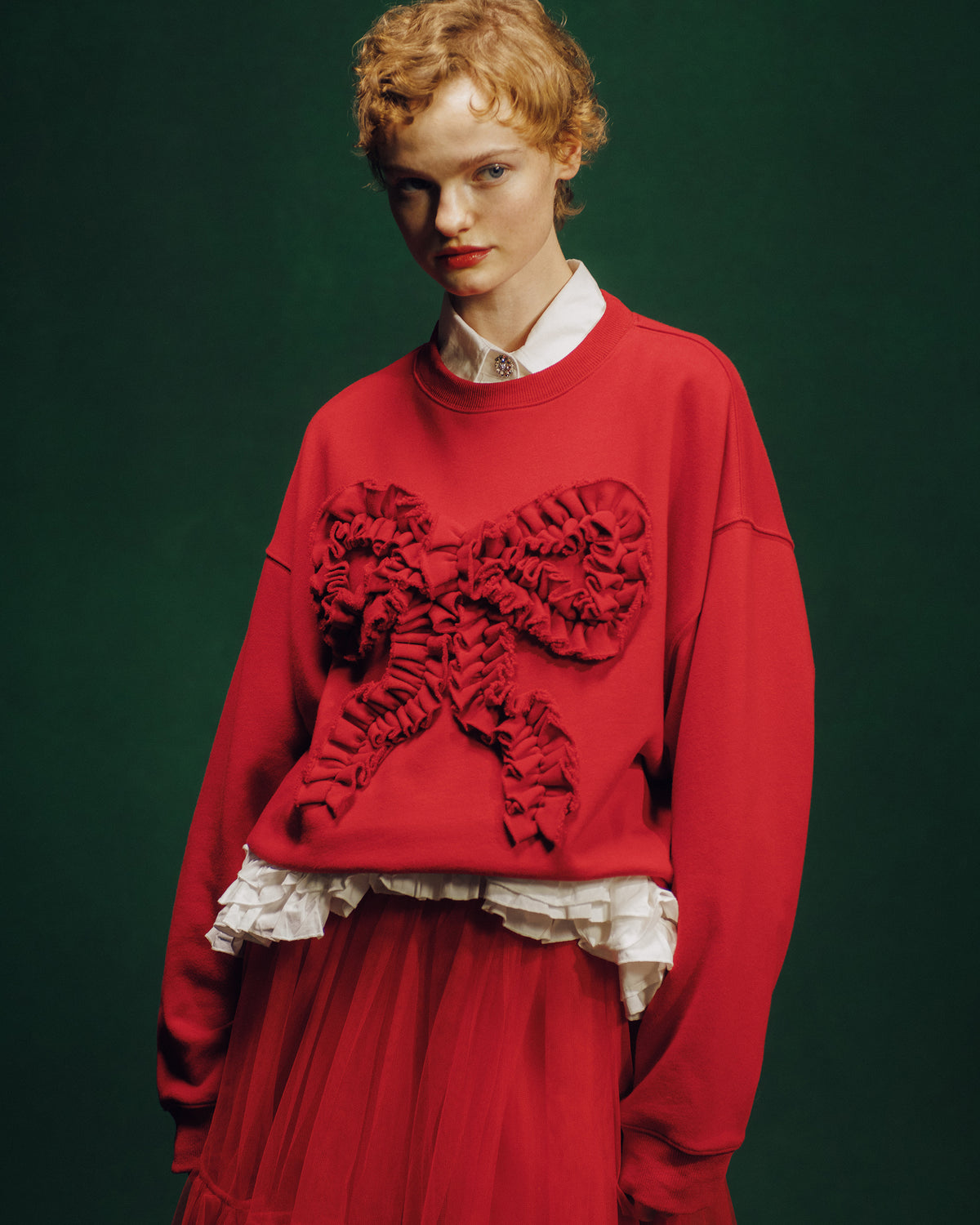 Ribbon gathered sweatshirt