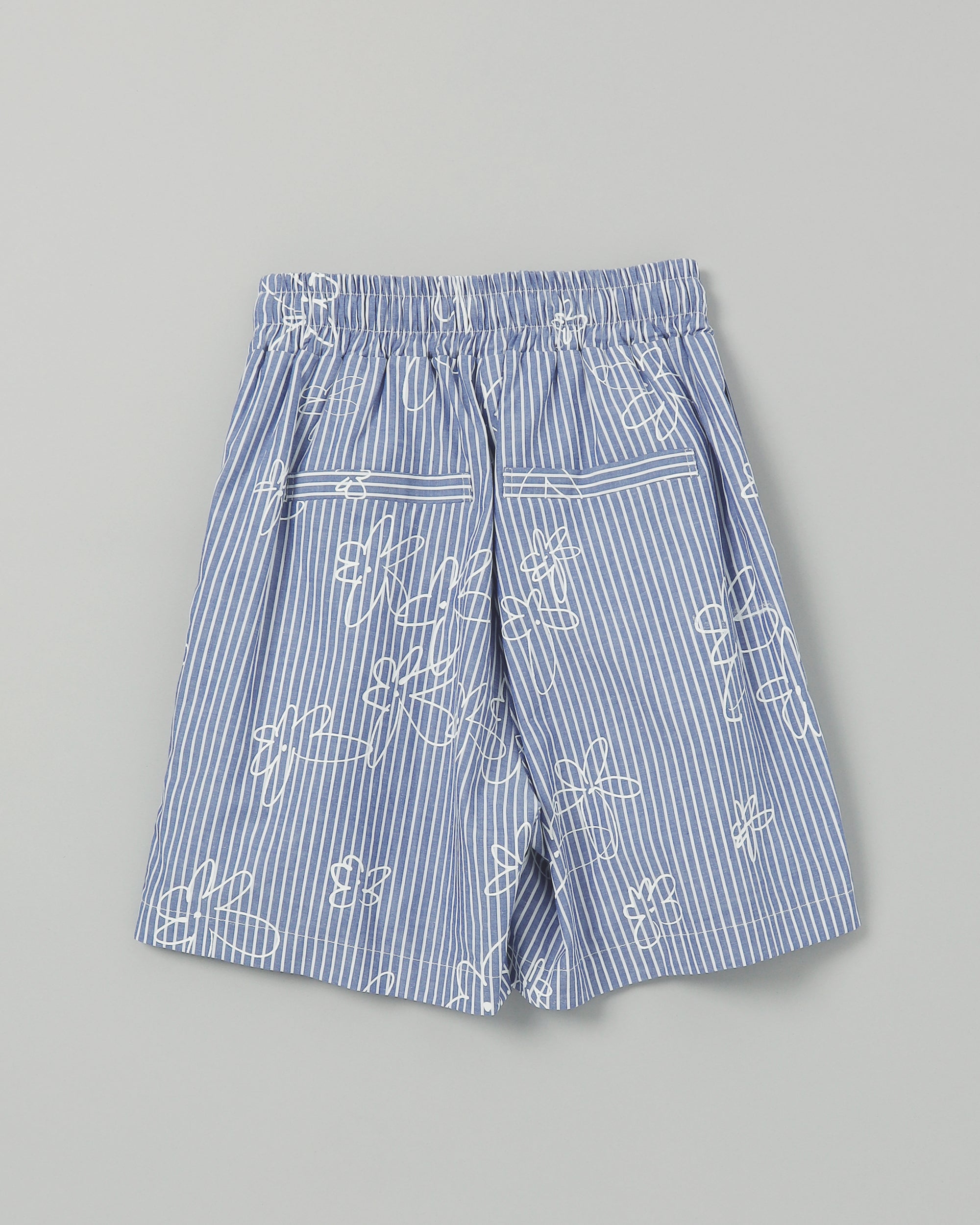 Drawstring pocket short pants (blue stripe flower)