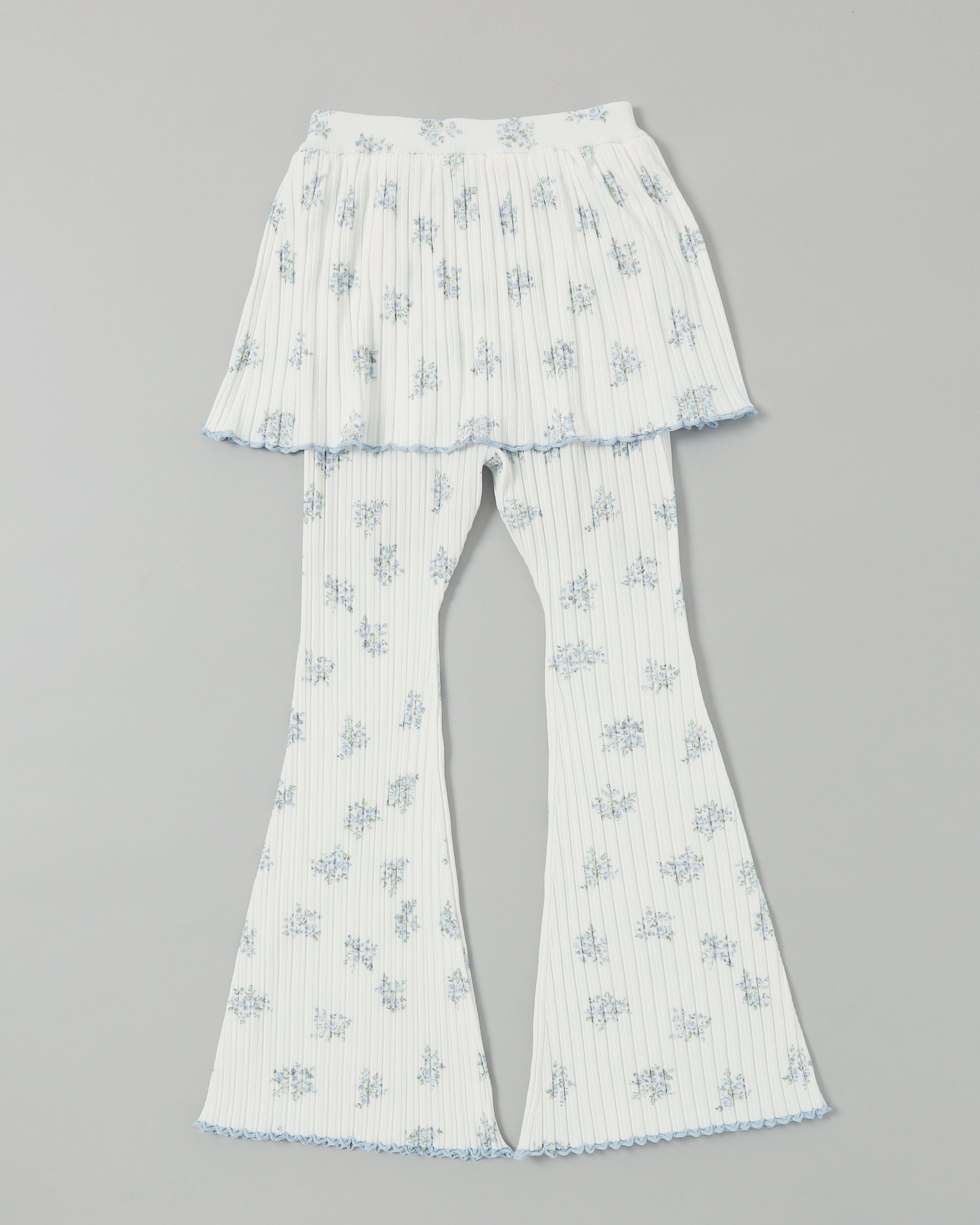 Blue flower rib knit flare pants