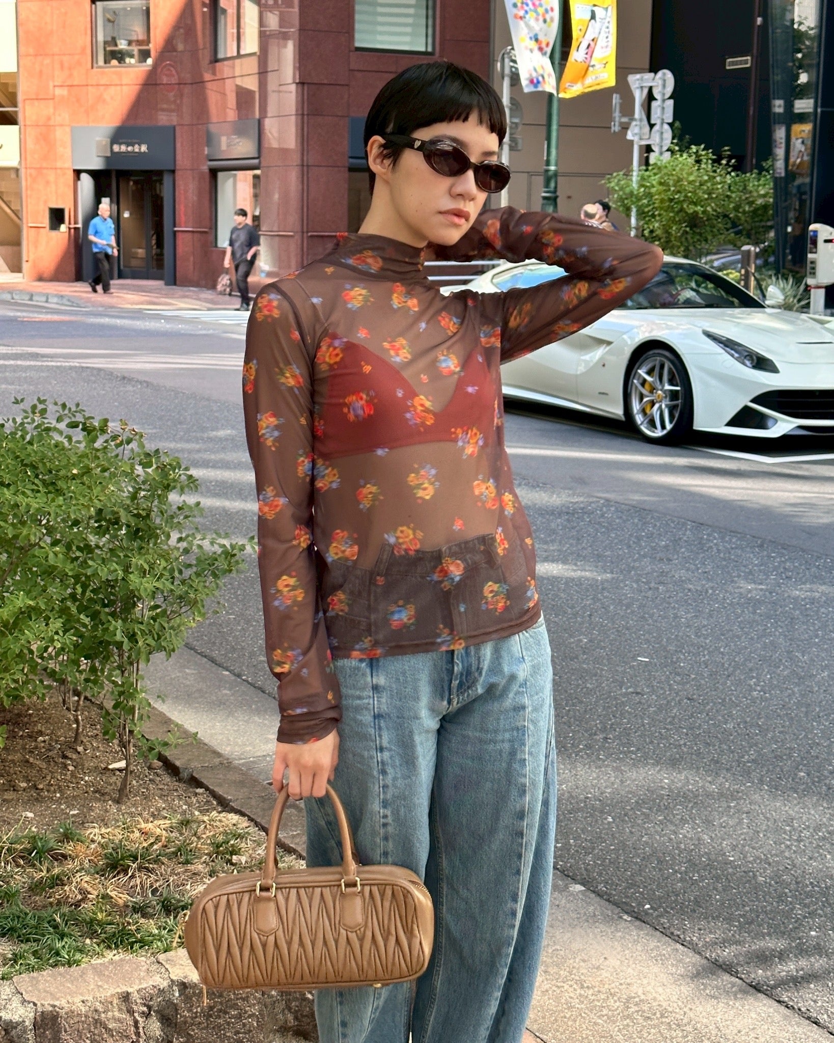 Brown bouquet see-through tops (high neck)