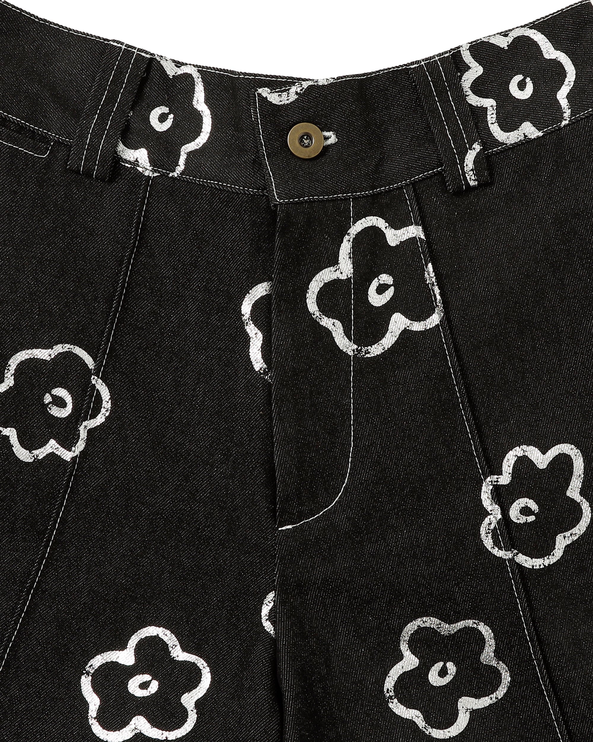 Silver flower half denim pants