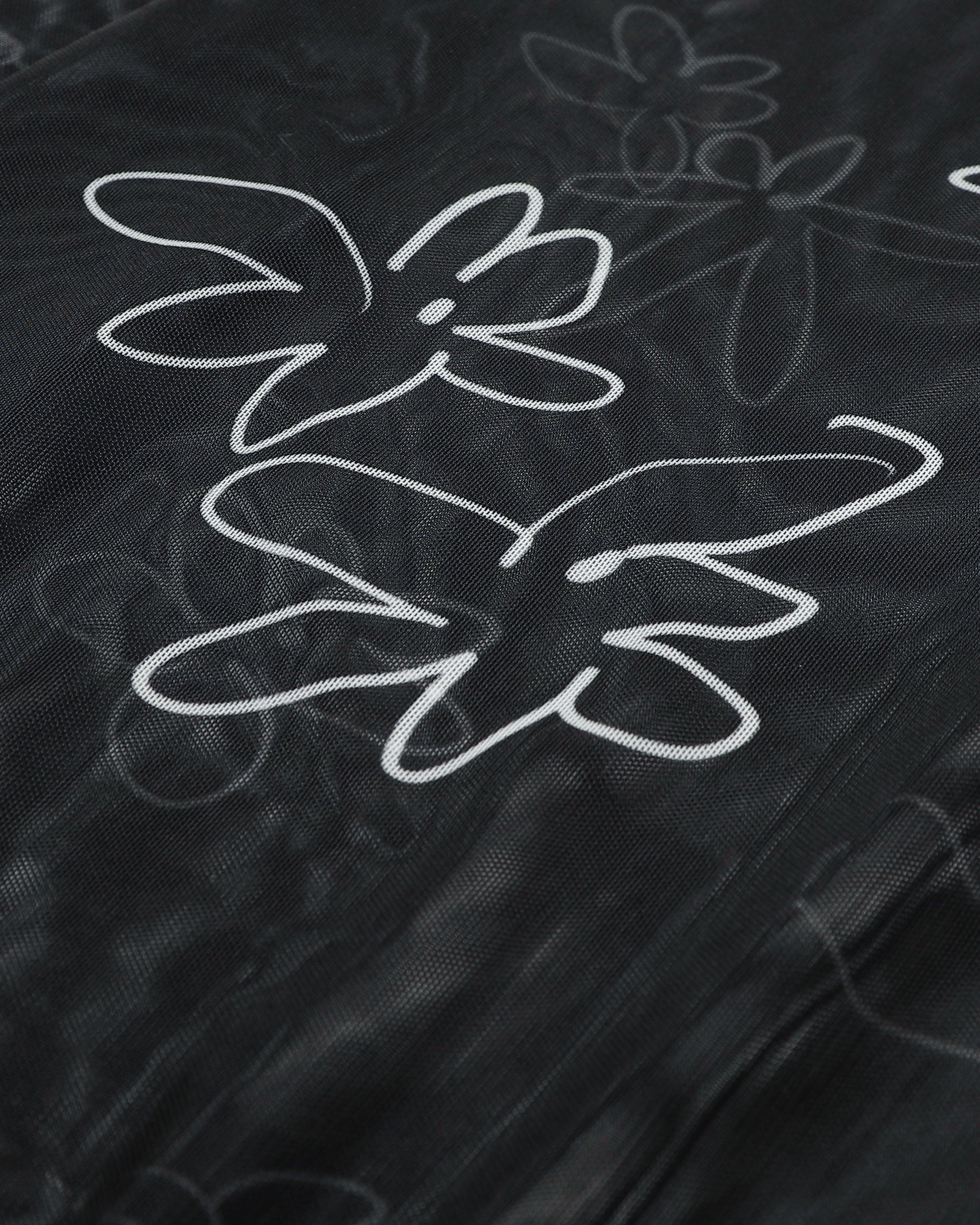 Rough paint black flower see-through tops (High neck)