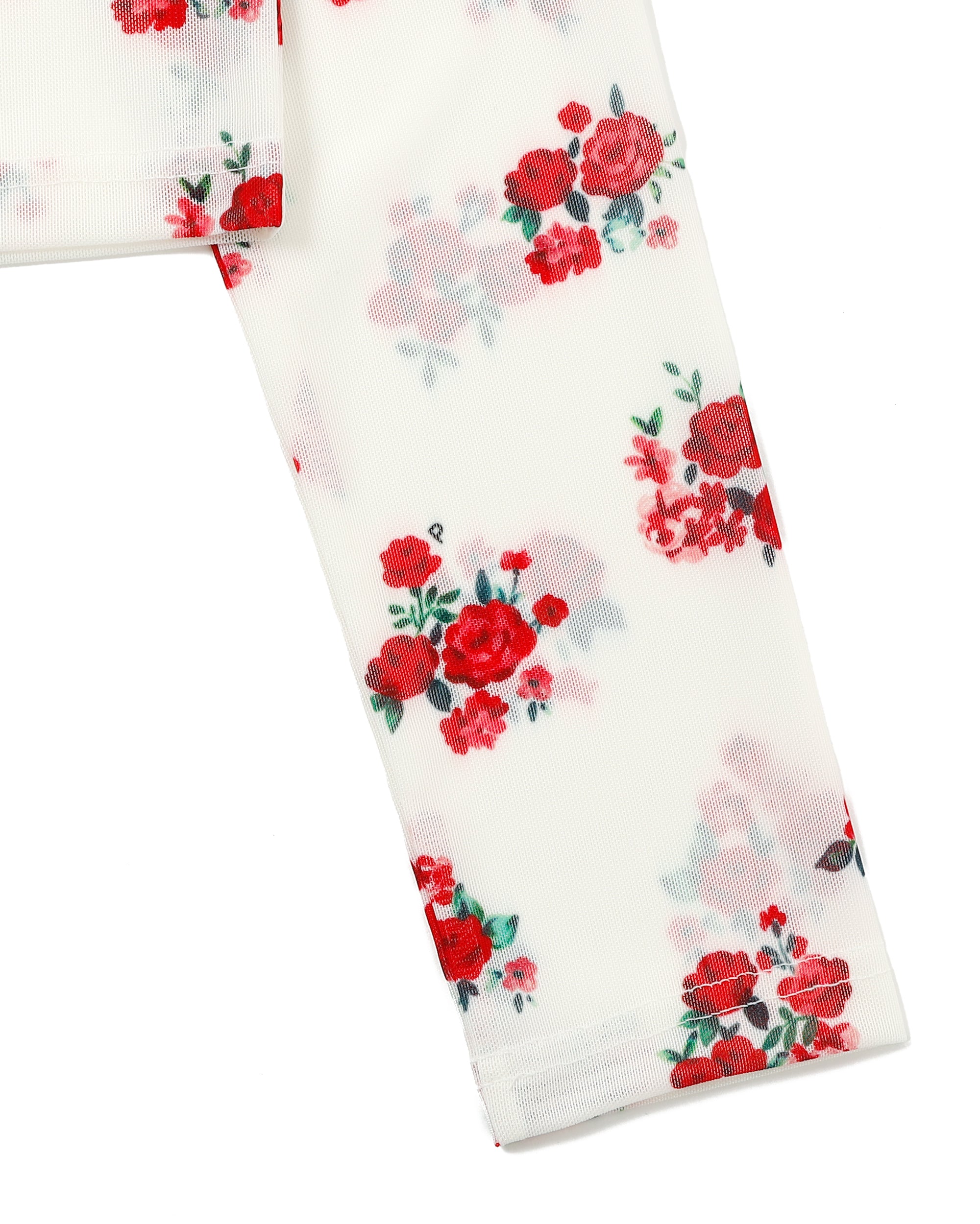 POPPY フラワープリント レッドブーケシースルートップス 赤 ハイネック Red bouquet see-through tops (High / Round neck)