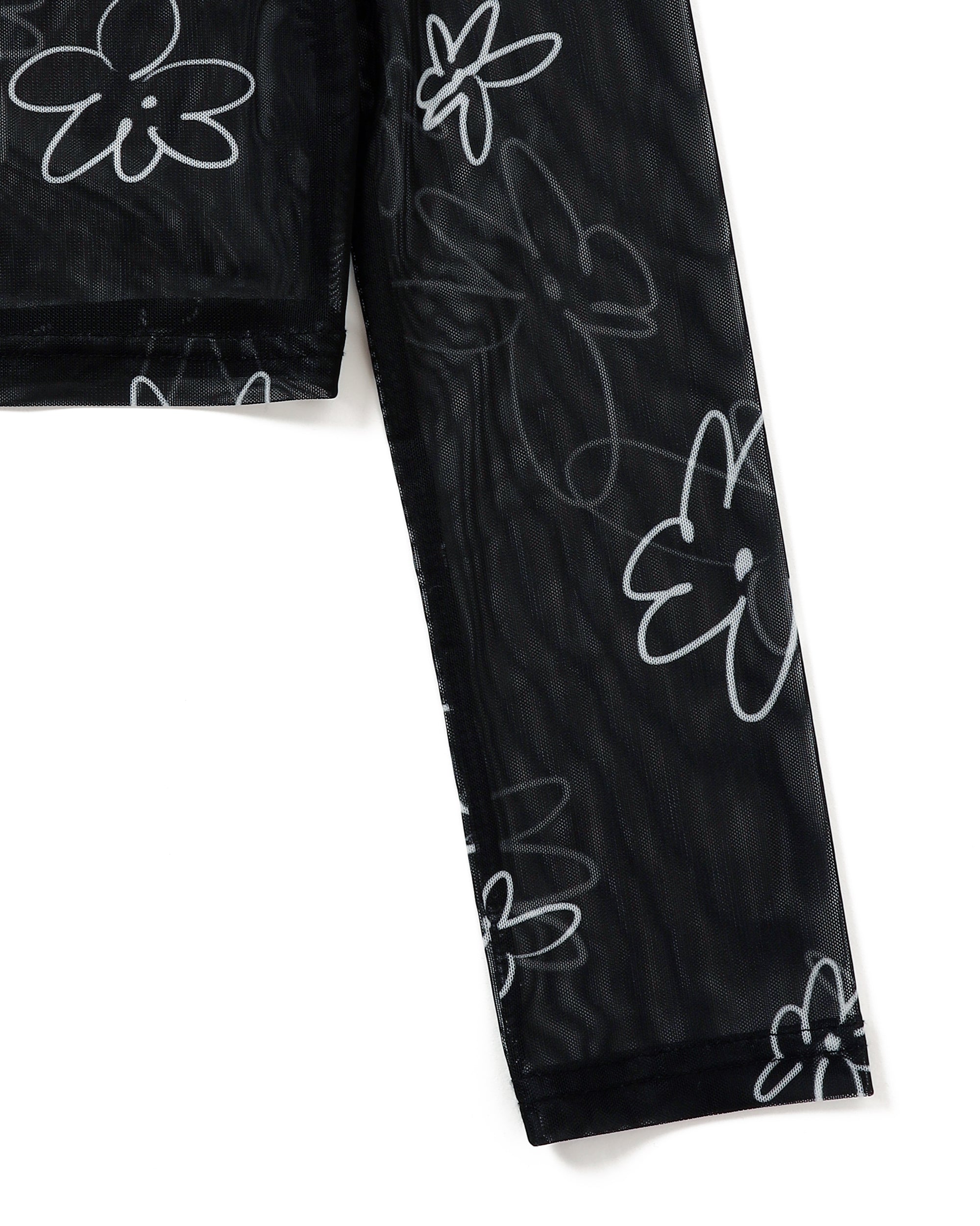 Rough paint black flower see-through tops (Round neck)