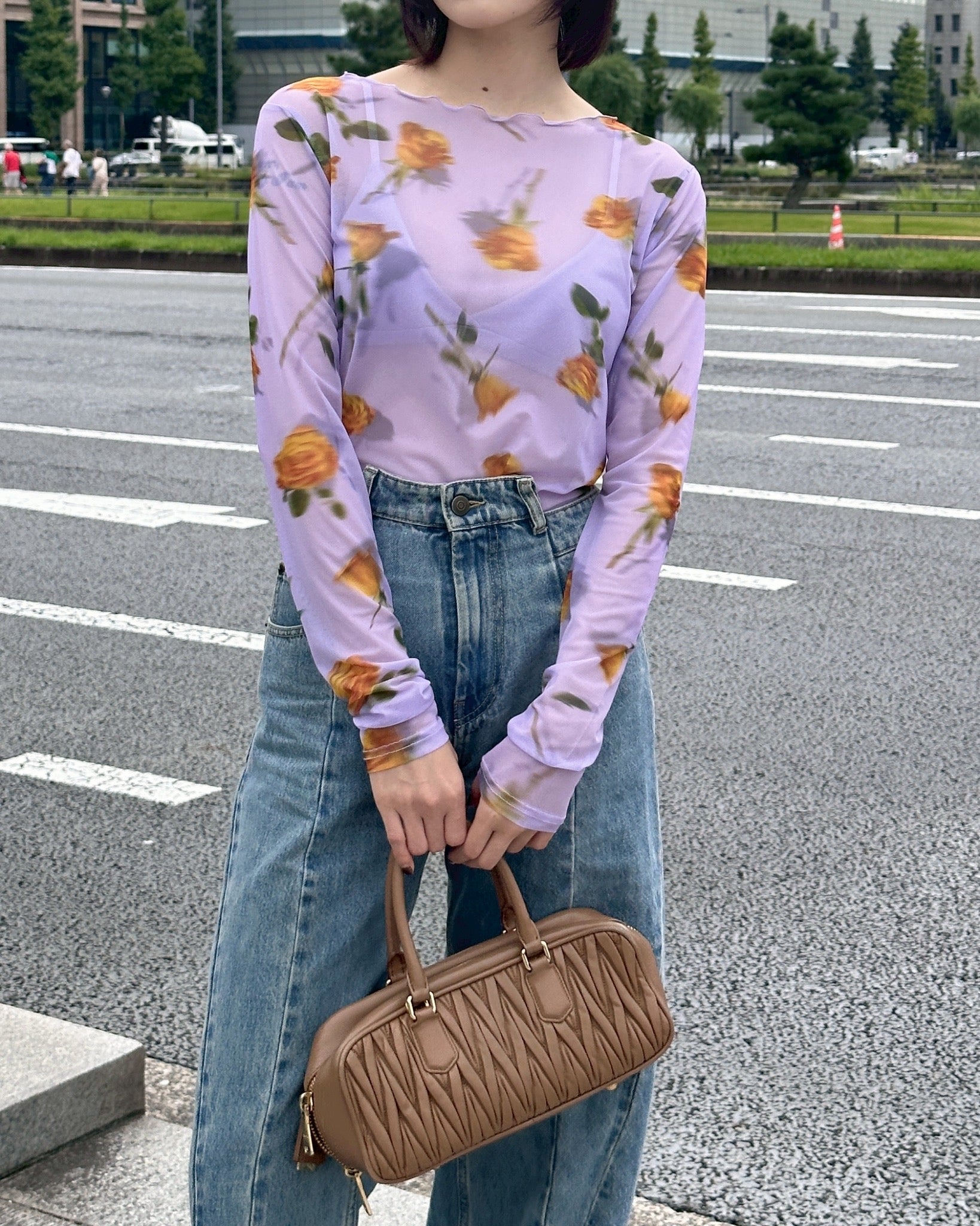 Orange rose & lavender see-through tops (round neck)