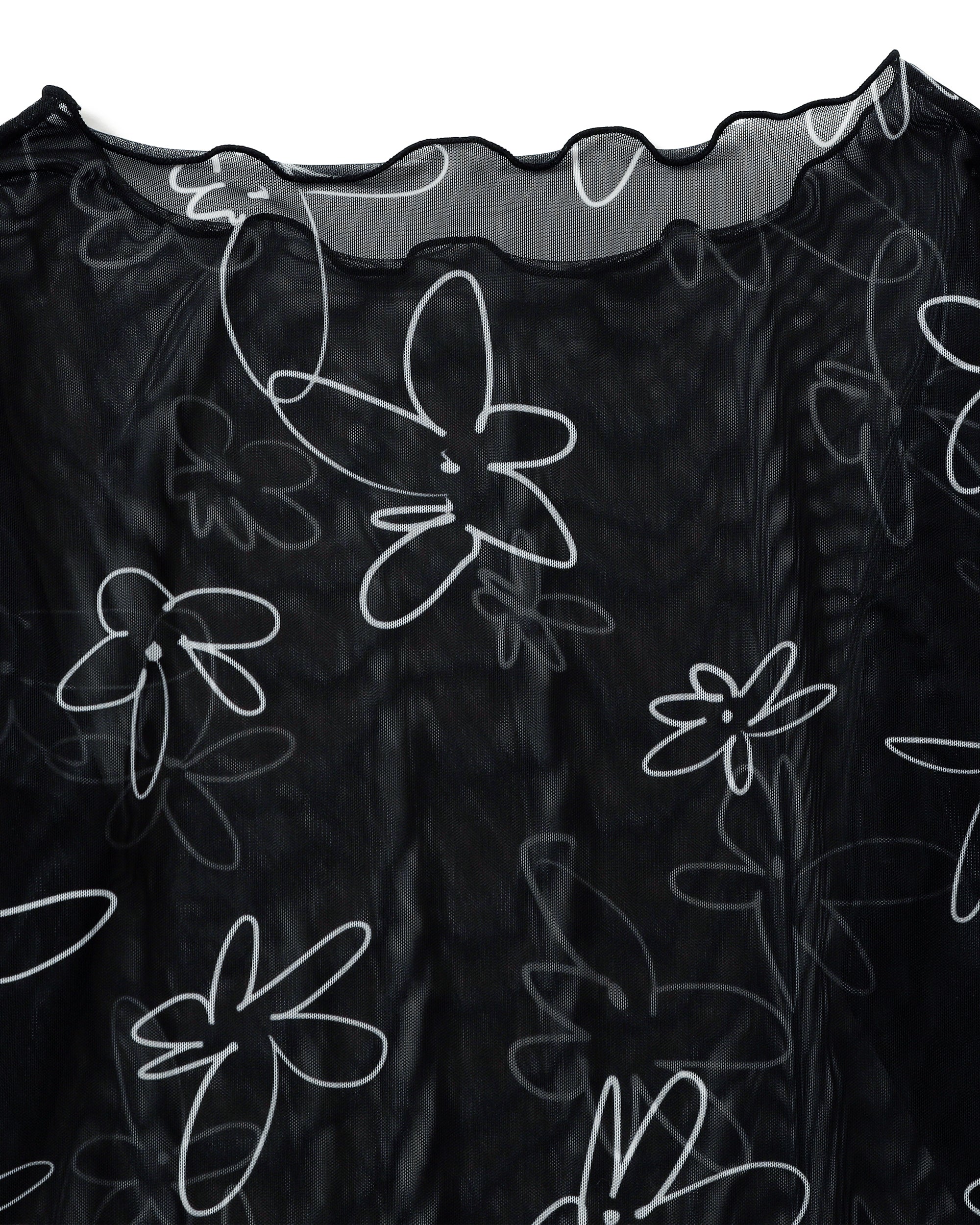 Rough paint black flower see-through tops (Round neck)
