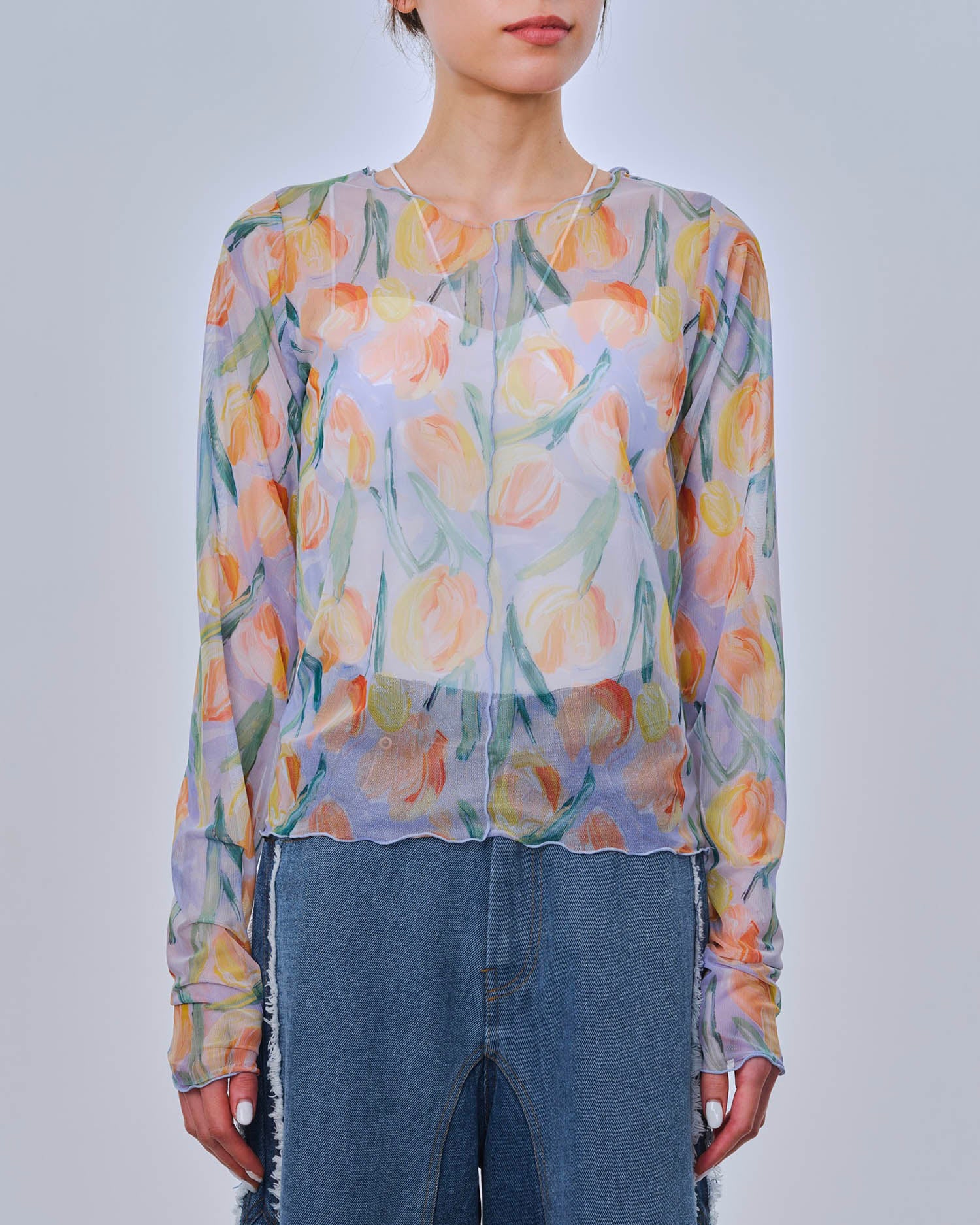 Orange tulip see-through tops (Crew neck)