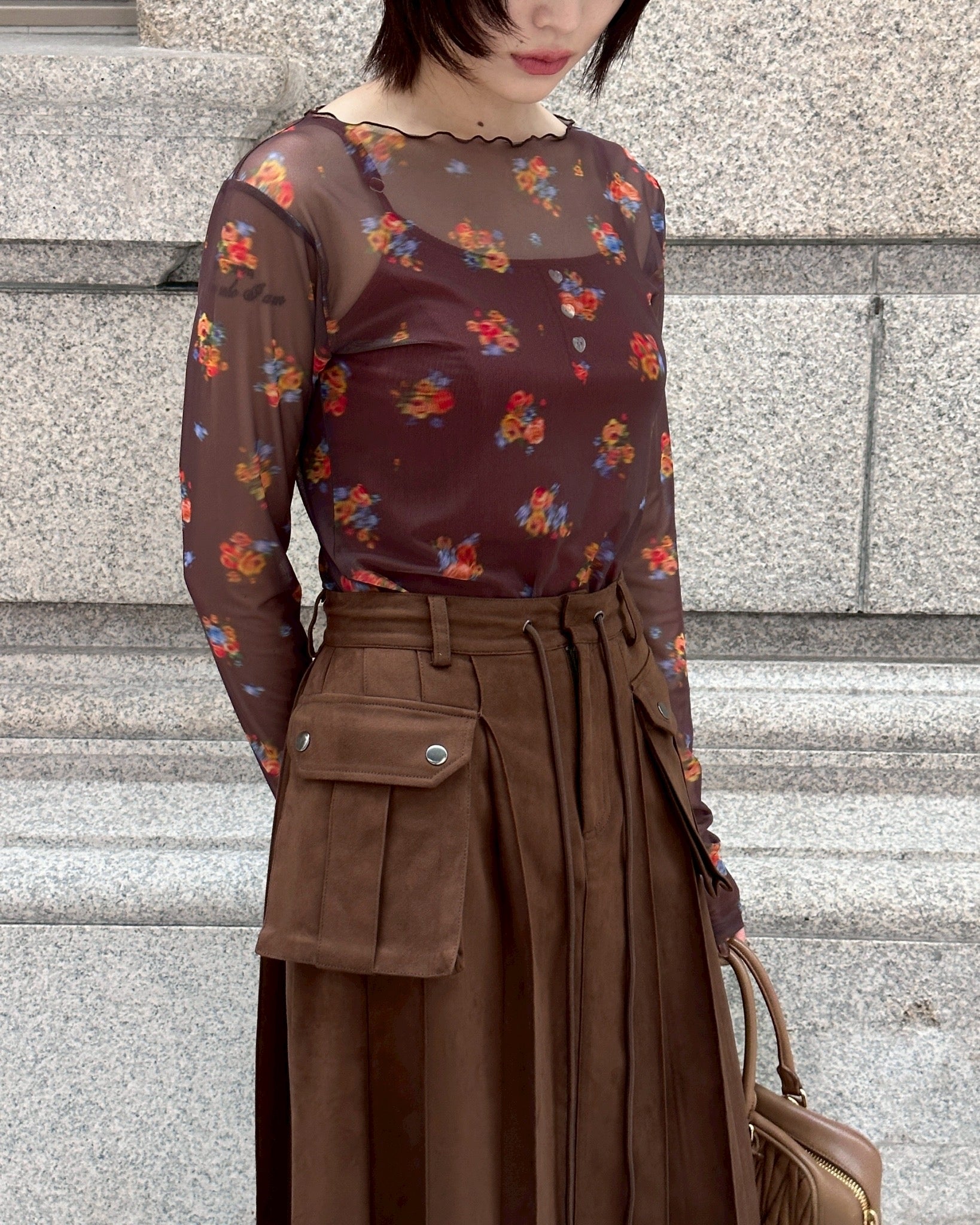 Brown bouquet see-through tops (round neck)